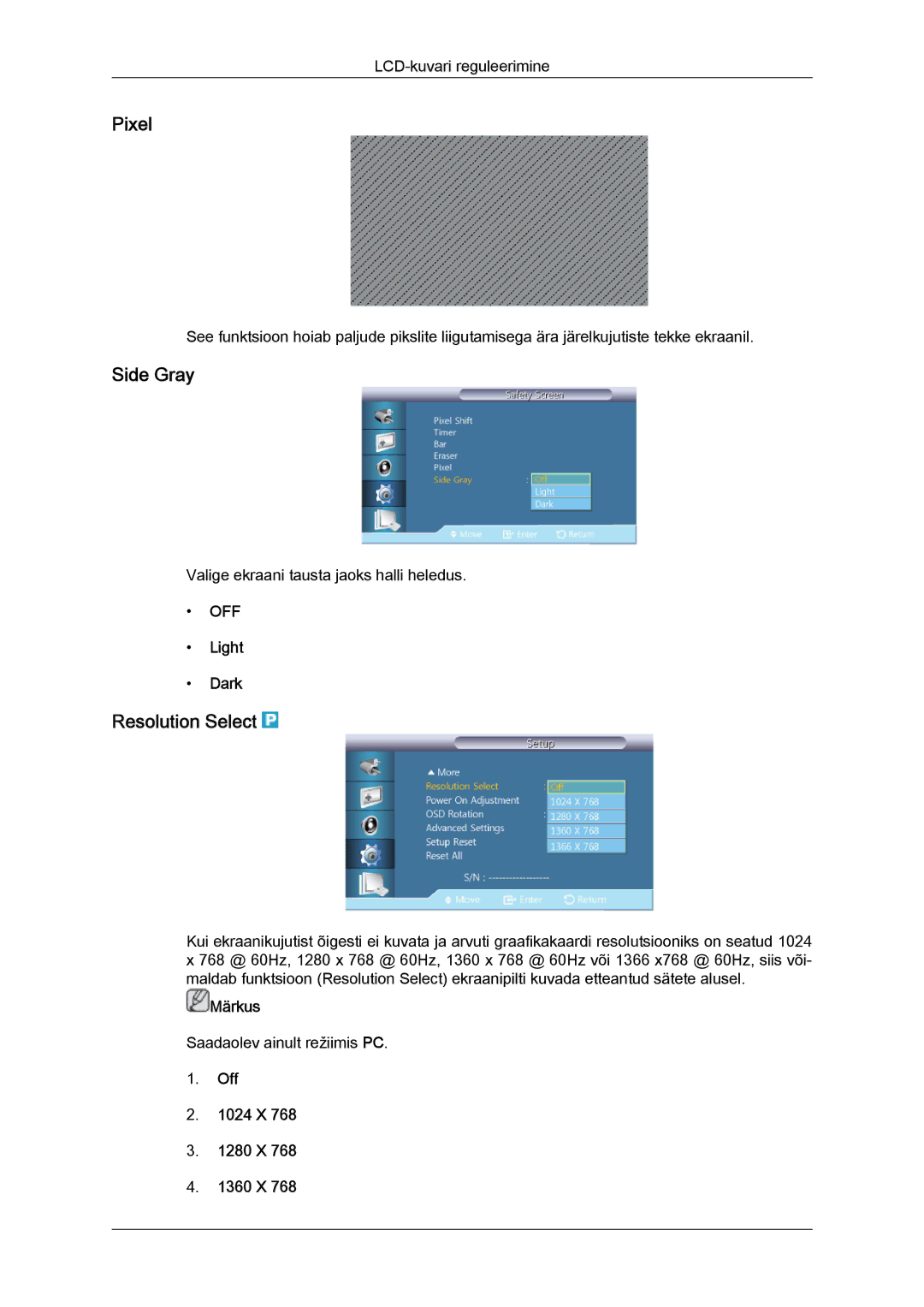 Samsung LH46GWPLBC/EN manual Pixel, Side Gray, Resolution Select, Light Dark, Off 1024 X 1280 X 1360 X 