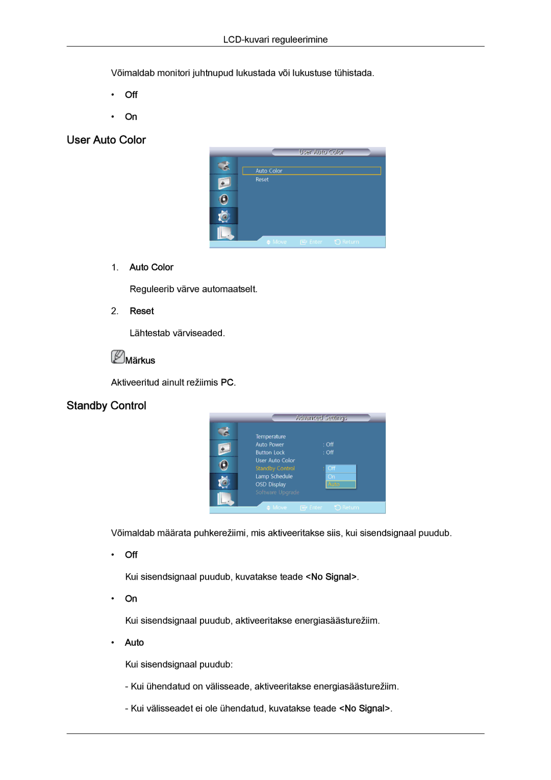 Samsung LH46GWPLBC/EN manual User Auto Color, Standby Control, Reset 