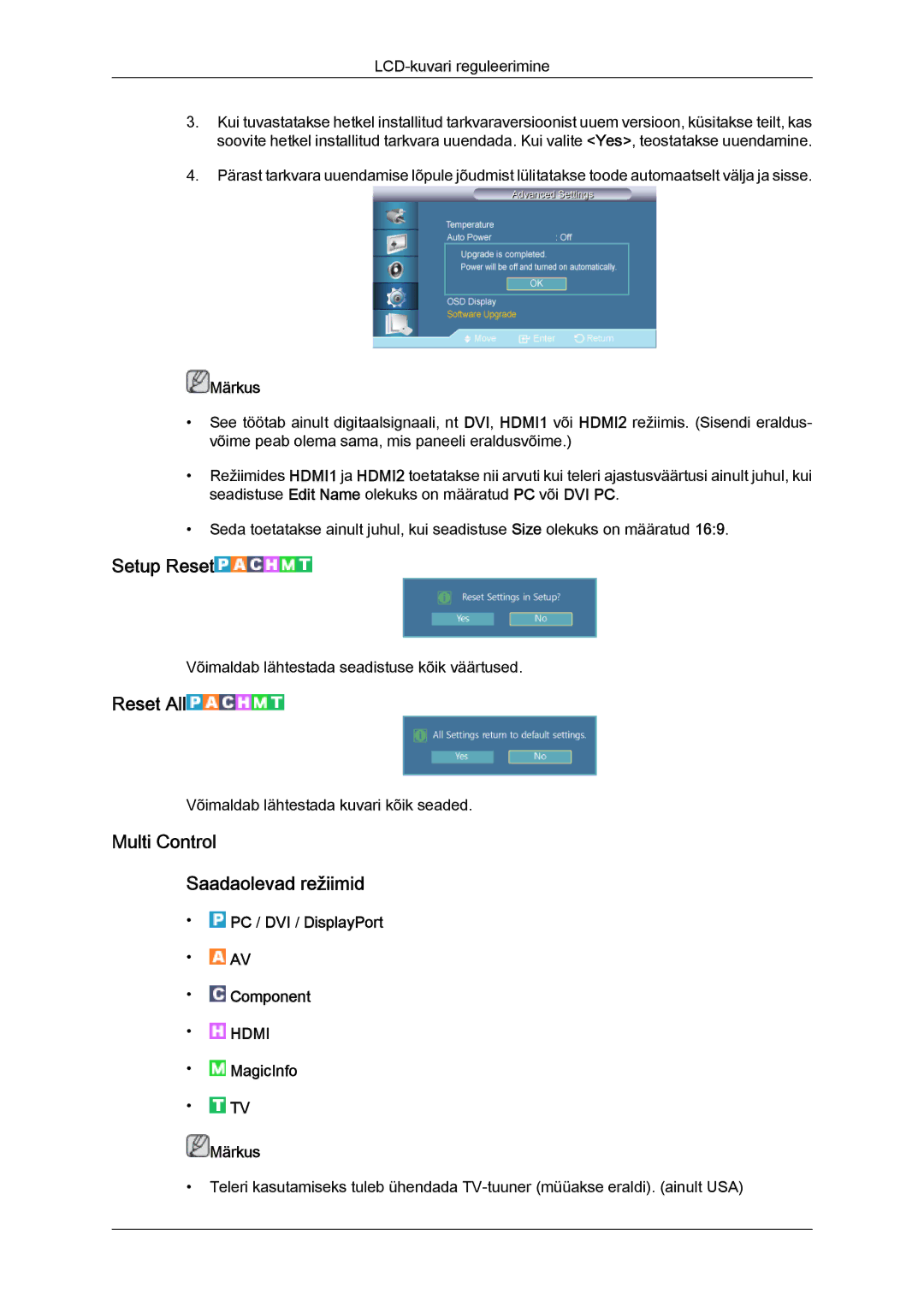 Samsung LH46GWPLBC/EN manual Setup Reset, Reset All, Multi Control Saadaolevad režiimid 