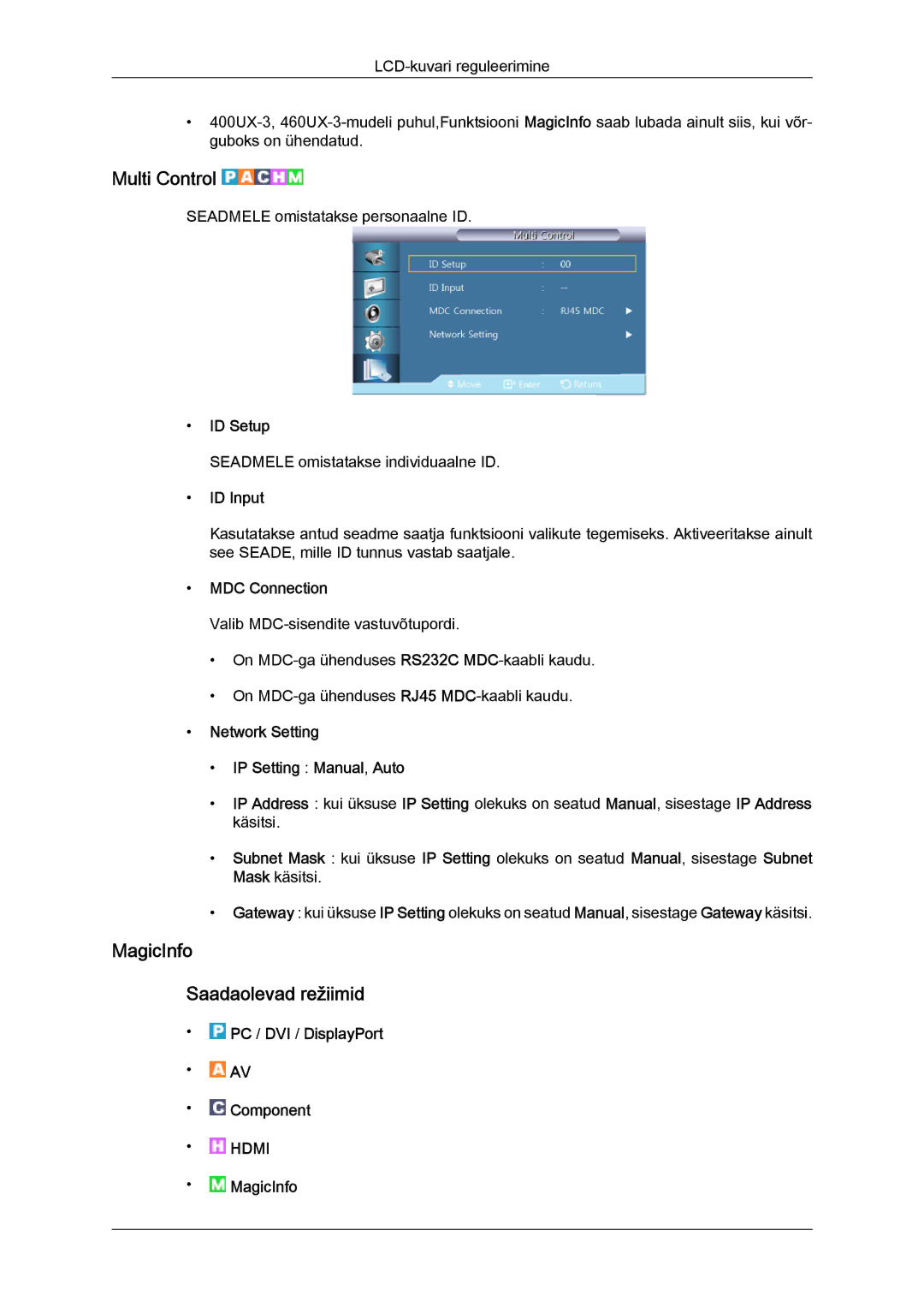 Samsung LH46GWPLBC/EN manual Multi Control, MagicInfo Saadaolevad režiimid 