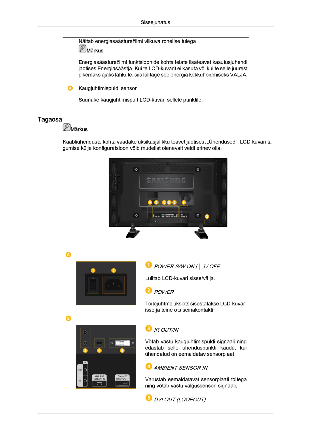 Samsung LH46GWPLBC/EN manual Tagaosa, Ir Out/In 