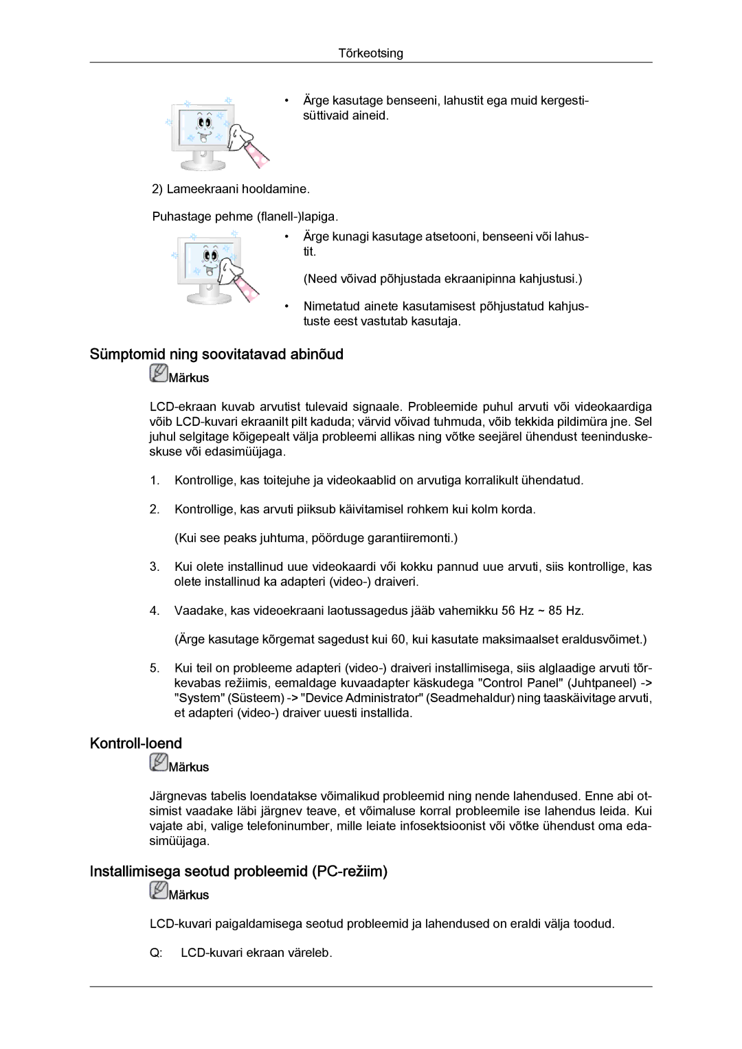 Samsung LH46GWPLBC/EN Sümptomid ning soovitatavad abinõud, Kontroll-loend, Installimisega seotud probleemid PC-režiim 