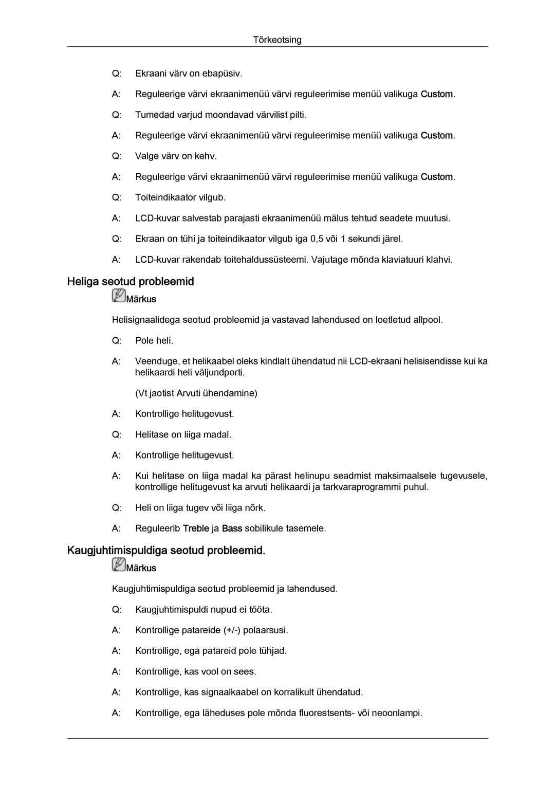 Samsung LH46GWPLBC/EN manual Heliga seotud probleemid, Kaugjuhtimispuldiga seotud probleemid 