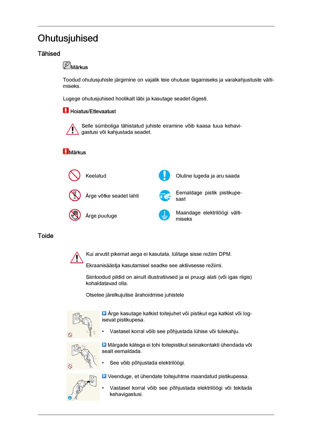 Samsung LH46GWPLBC/EN manual Tähised, Toide, Märkus, Hoiatus/Ettevaatust 