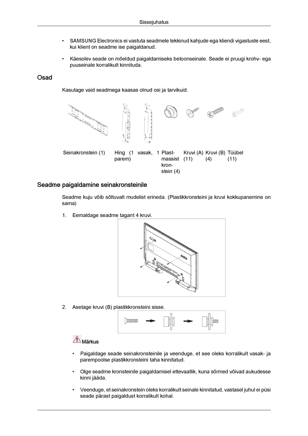 Samsung LH46GWPLBC/EN manual Osad, Seadme paigaldamine seinakronsteinile 