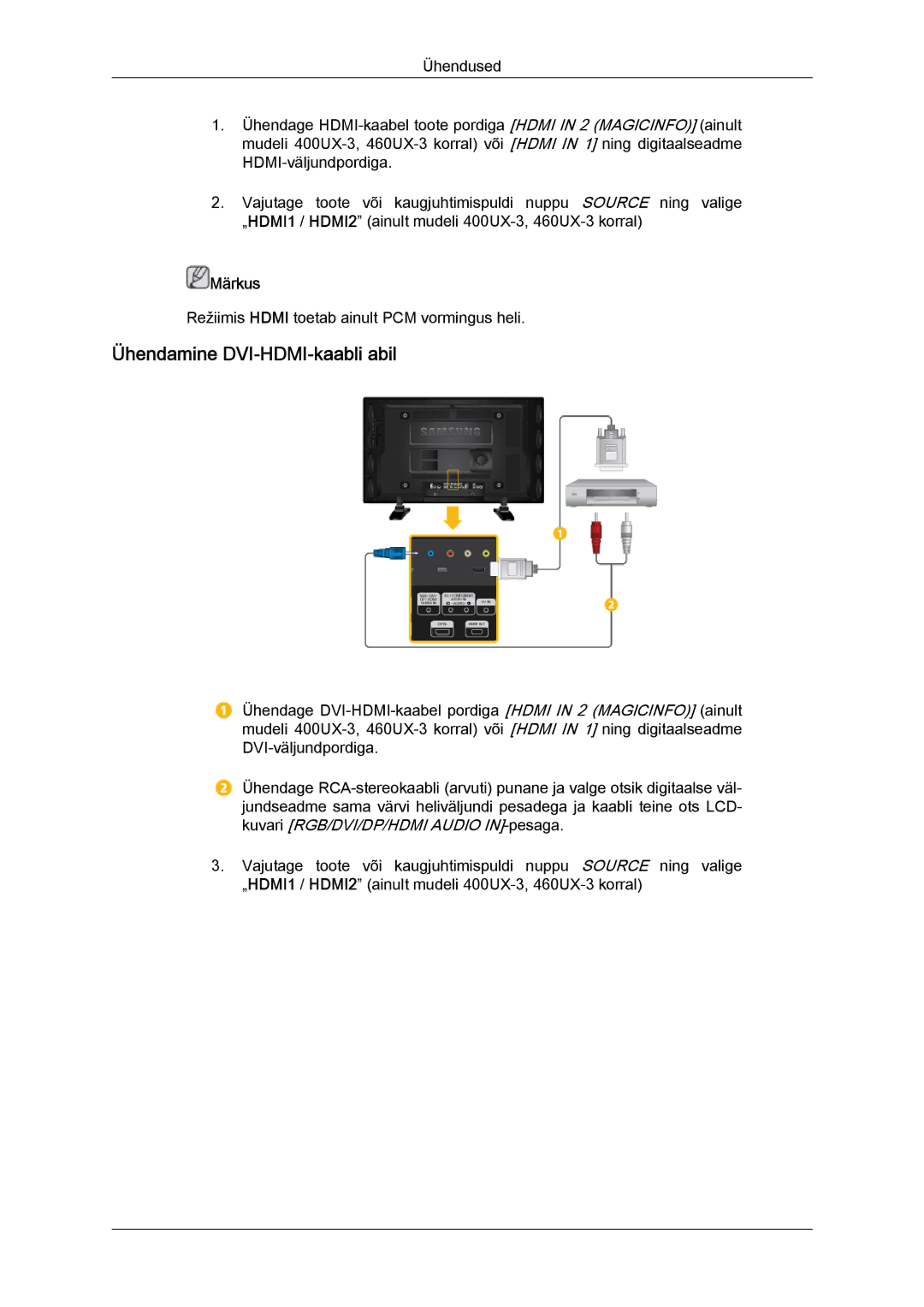 Samsung LH46GWPLBC/EN manual Ühendamine DVI-HDMI-kaabli abil 