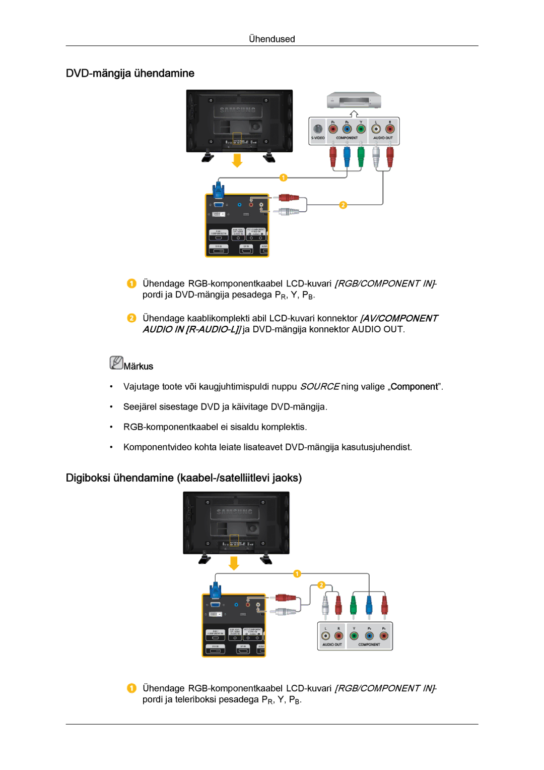 Samsung LH46GWPLBC/EN manual DVD-mängija ühendamine, Digiboksi ühendamine kaabel-/satelliitlevi jaoks 