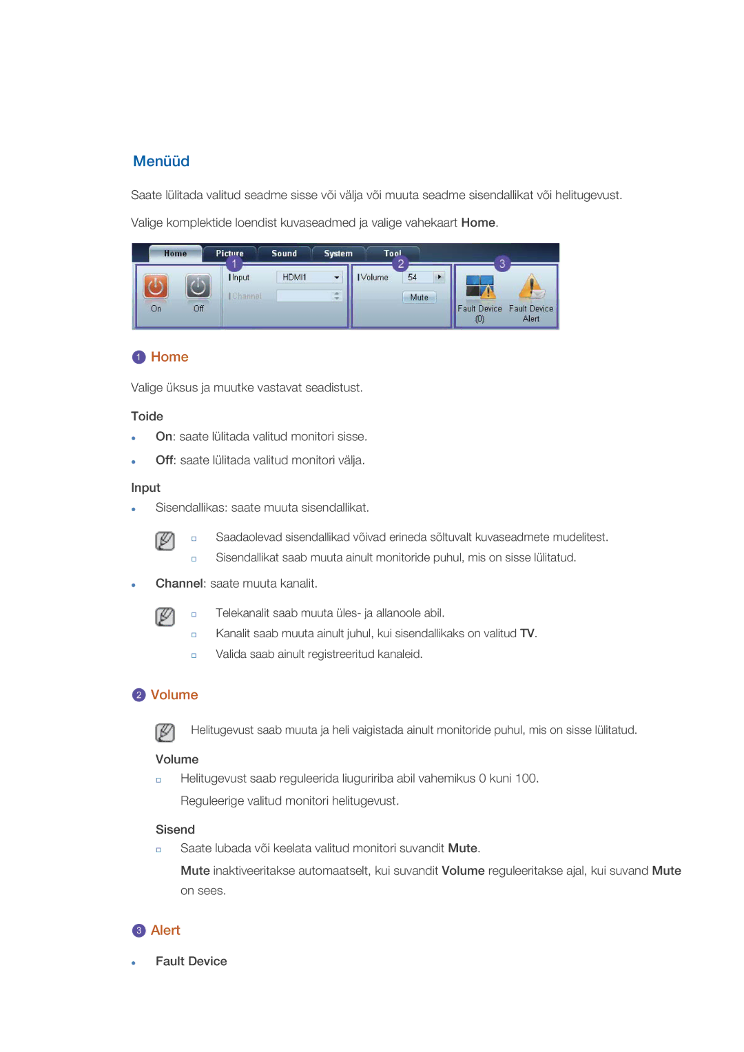 Samsung LH46GWPLBC/EN manual Menüüd, Home, Volume, Alert 