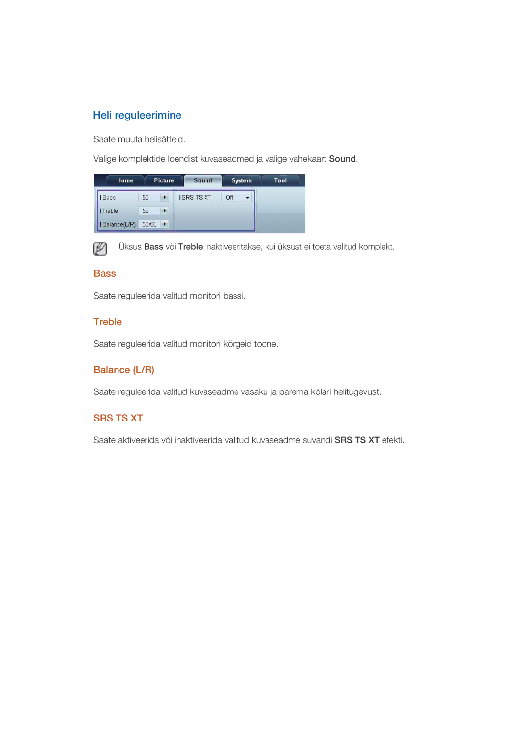 Samsung LH46GWPLBC/EN manual Heli reguleerimine, Bass, Treble, Balance L/R 