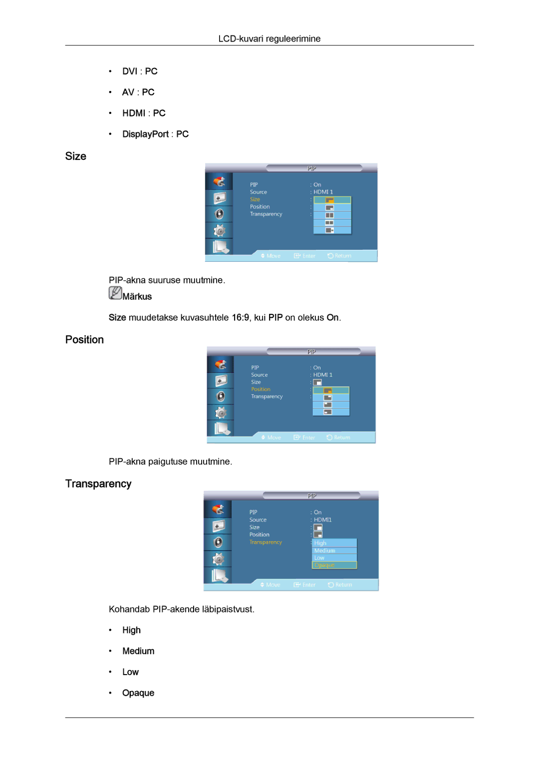 Samsung LH46GWPLBC/EN manual Size, Position, Transparency 