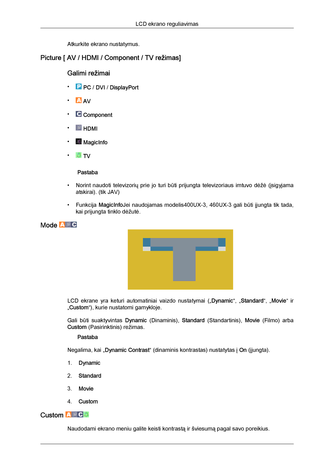 Samsung LH46GWPLBC/EN manual Picture AV / Hdmi / Component / TV režimas Galimi režimai, Dynamic Standard Movie Custom 