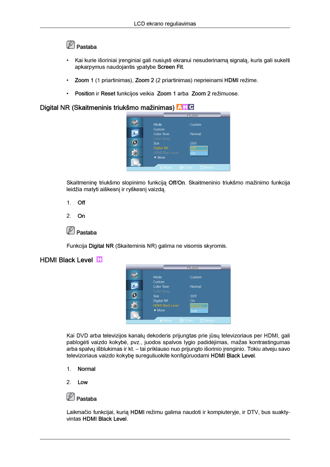 Samsung LH46GWPLBC/EN manual Digital NR Skaitmeninis triukšmo mažinimas, Hdmi Black Level, Normal Low Pastaba 