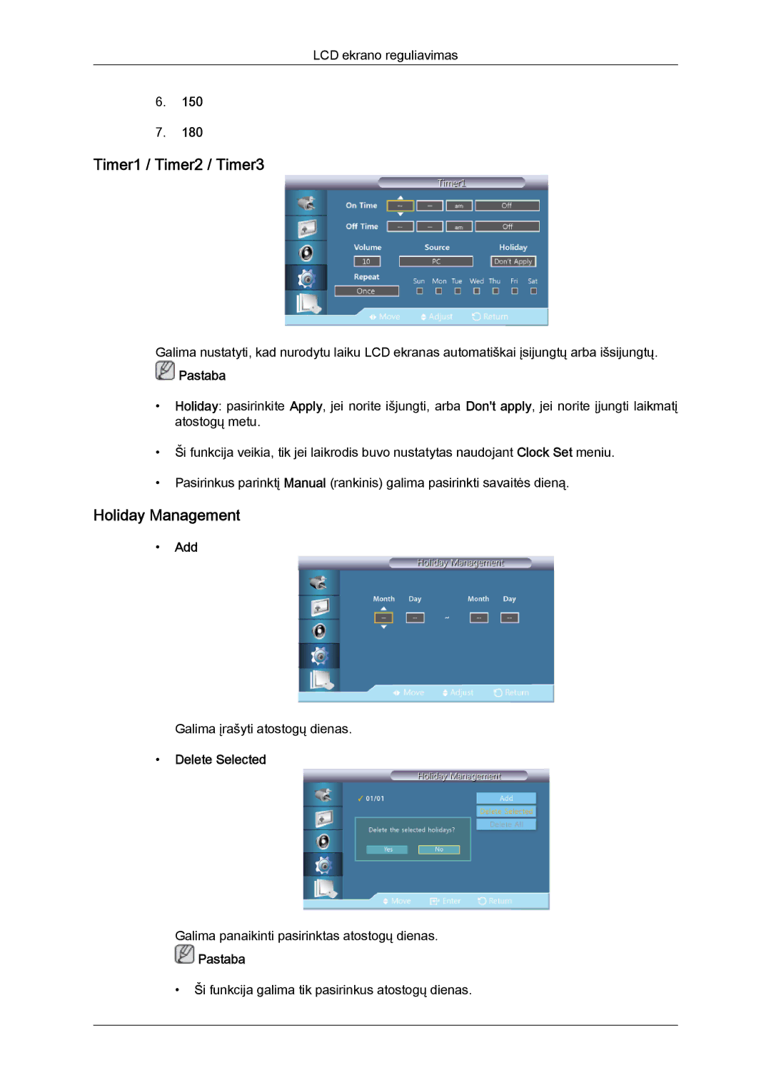 Samsung LH46GWPLBC/EN manual Timer1 / Timer2 / Timer3, Holiday Management, Add, Delete Selected 