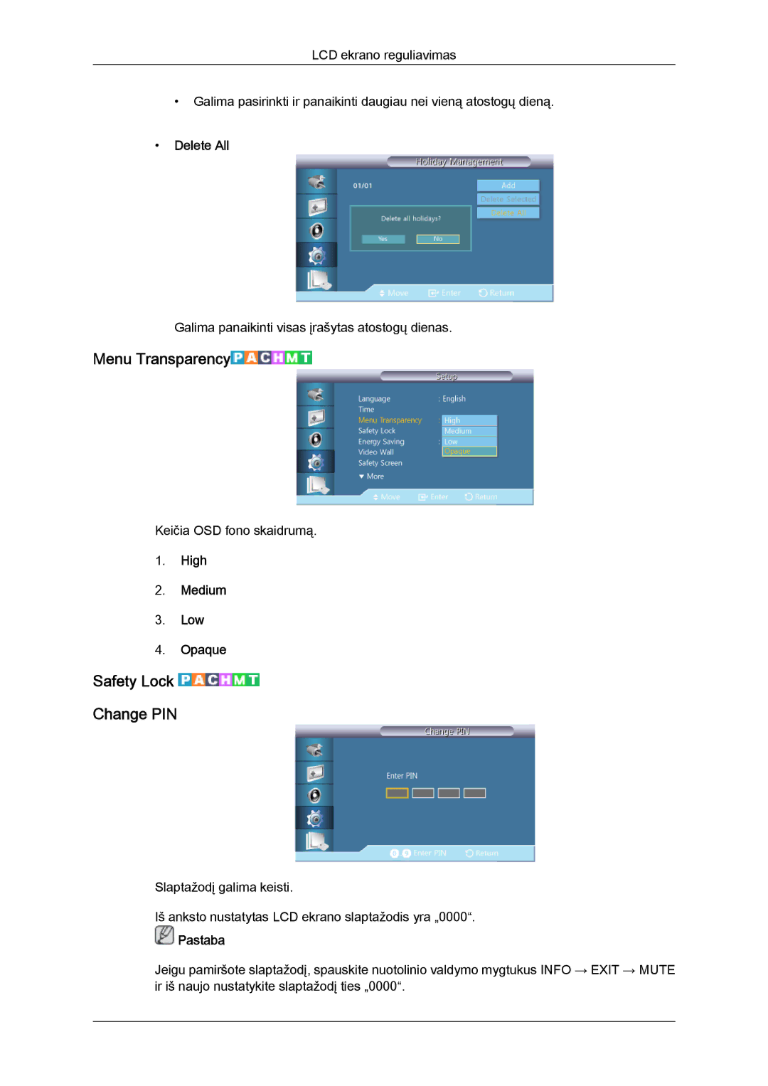 Samsung LH46GWPLBC/EN manual Menu Transparency, Safety Lock Change PIN, Delete All, High Medium Low Opaque 