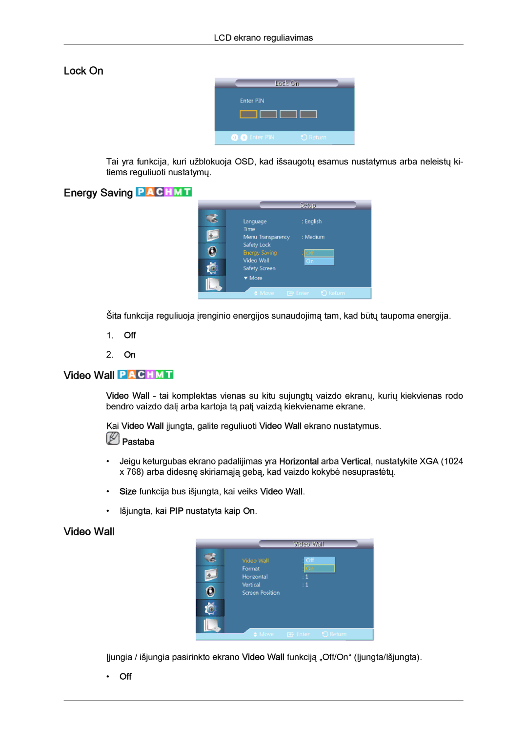 Samsung LH46GWPLBC/EN manual Lock On, Energy Saving, Video Wall 