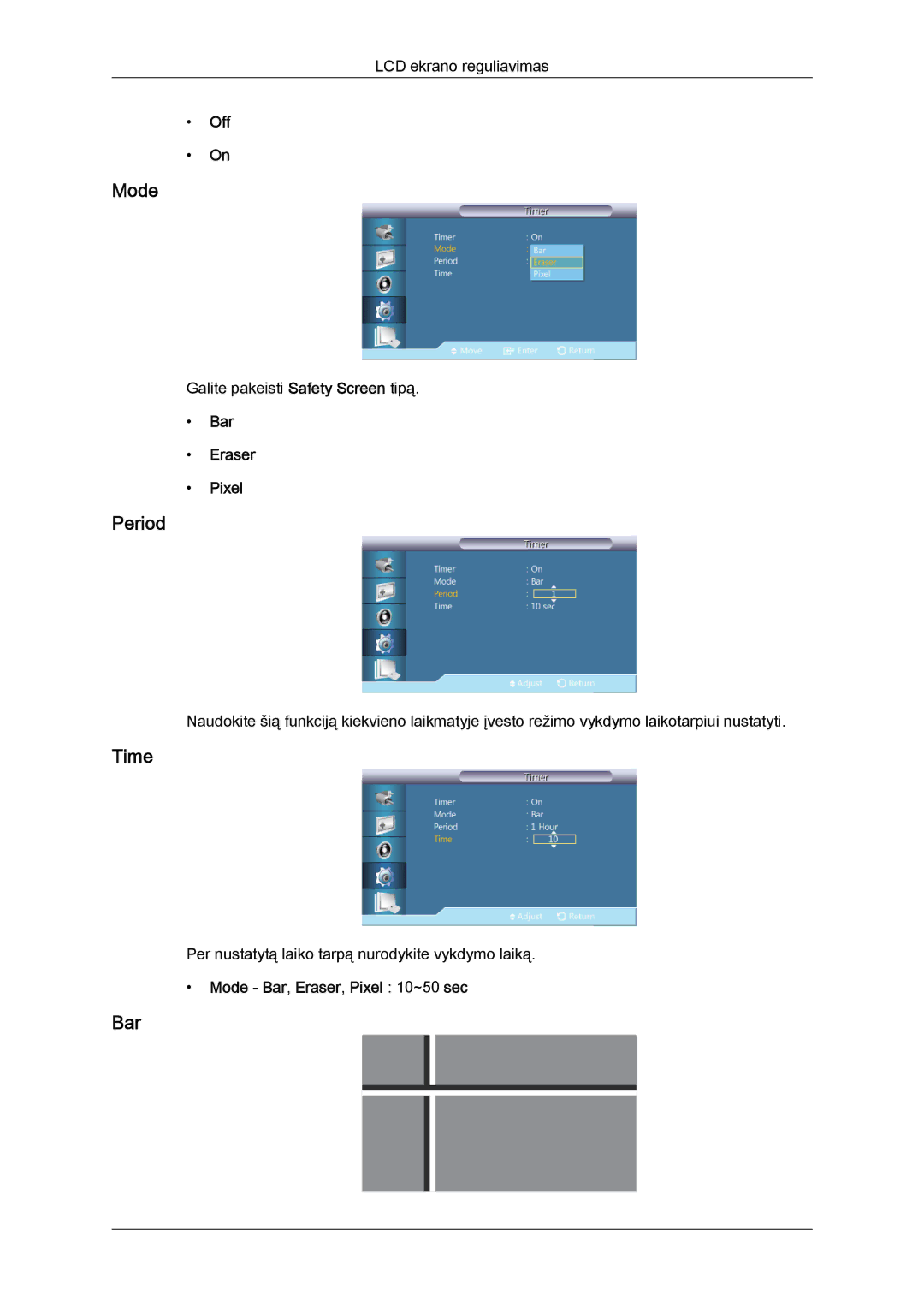 Samsung LH46GWPLBC/EN manual Period, Bar Eraser Pixel, Mode Bar, Eraser, Pixel 10~50 sec 