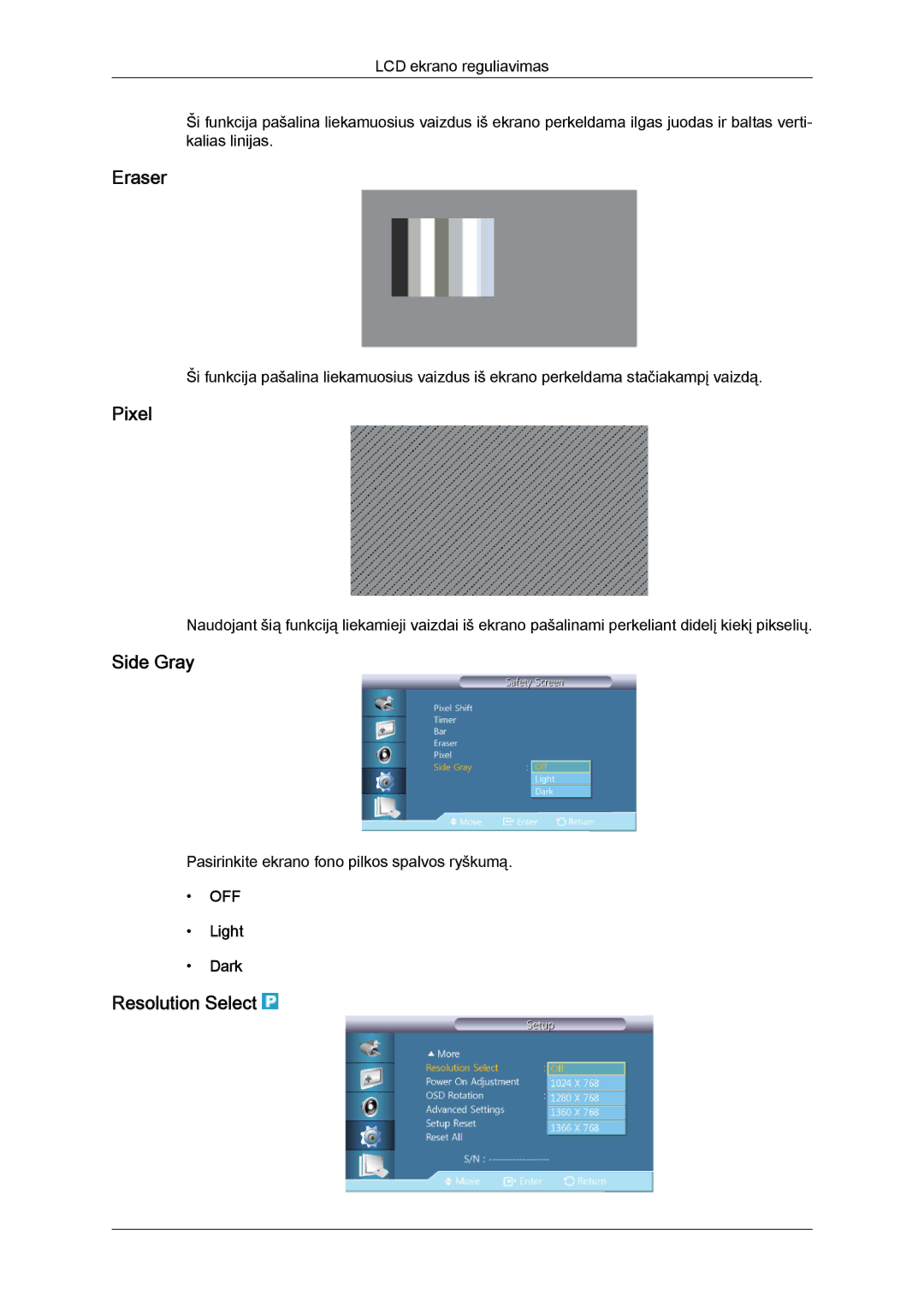 Samsung LH46GWPLBC/EN manual Eraser, Pixel, Side Gray, Resolution Select, Light Dark 