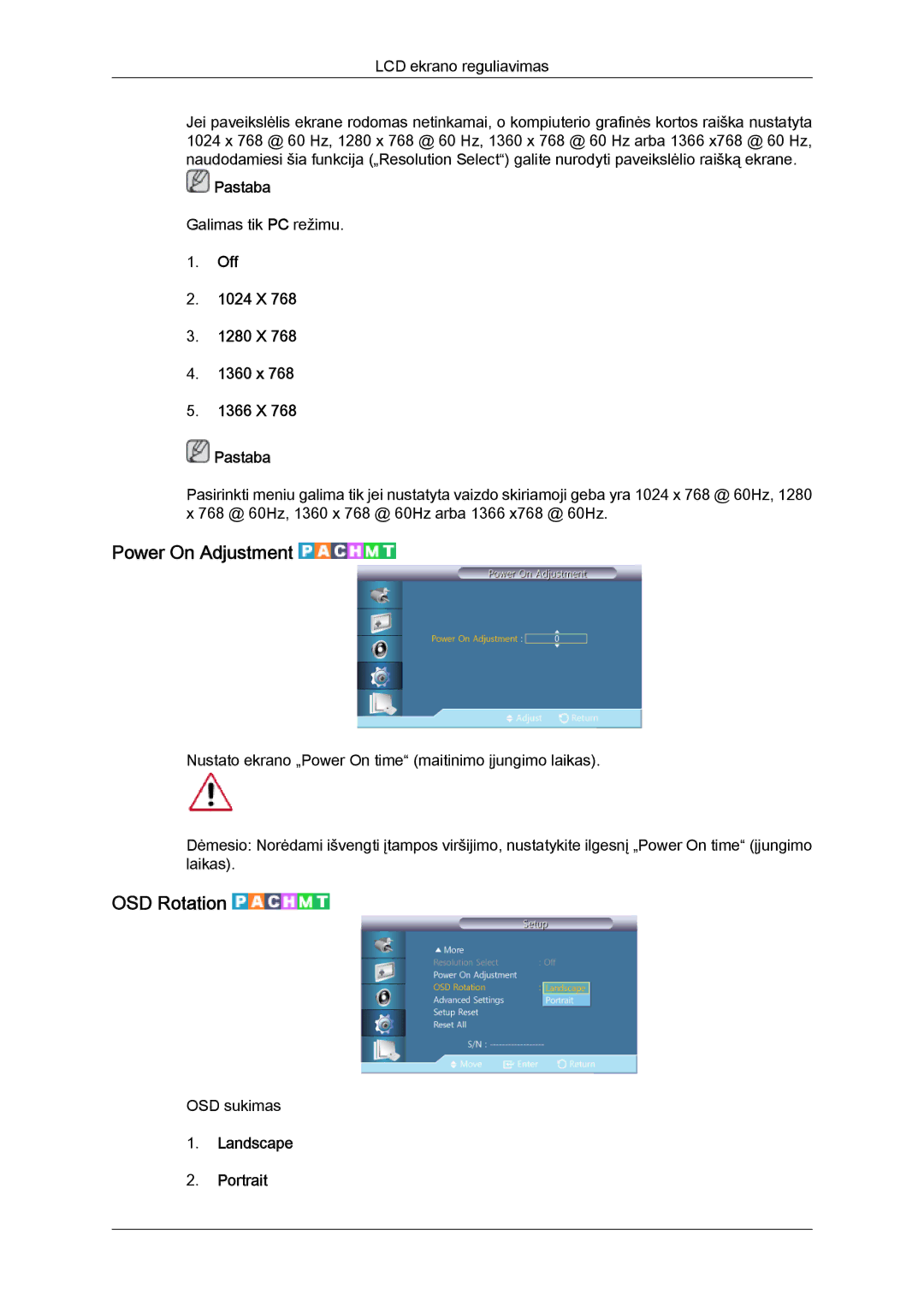 Samsung LH46GWPLBC/EN manual Power On Adjustment, OSD Rotation, Off 1024 X 1280 X 1360 x 1366 X Pastaba, Landscape Portrait 