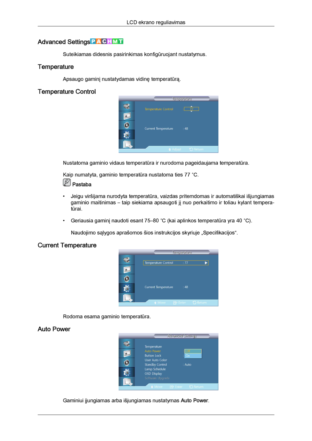 Samsung LH46GWPLBC/EN manual Advanced Settings, Temperature Control, Current Temperature, Auto Power 