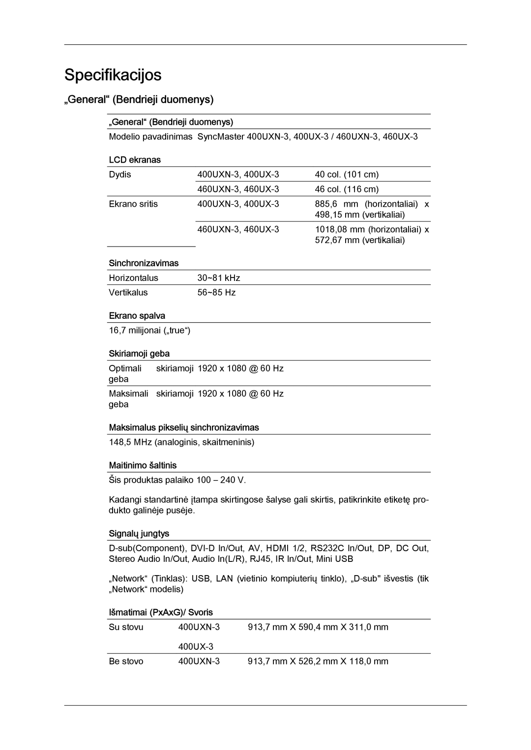 Samsung LH46GWPLBC/EN manual „General Bendrieji duomenys 