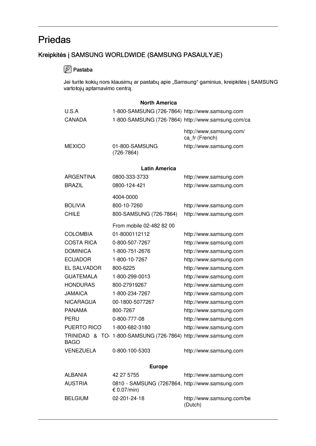 Samsung LH46GWPLBC/EN manual Kreipkitės į Samsung Worldwide Samsung Pasaulyje, North America, Latin America, Europe 