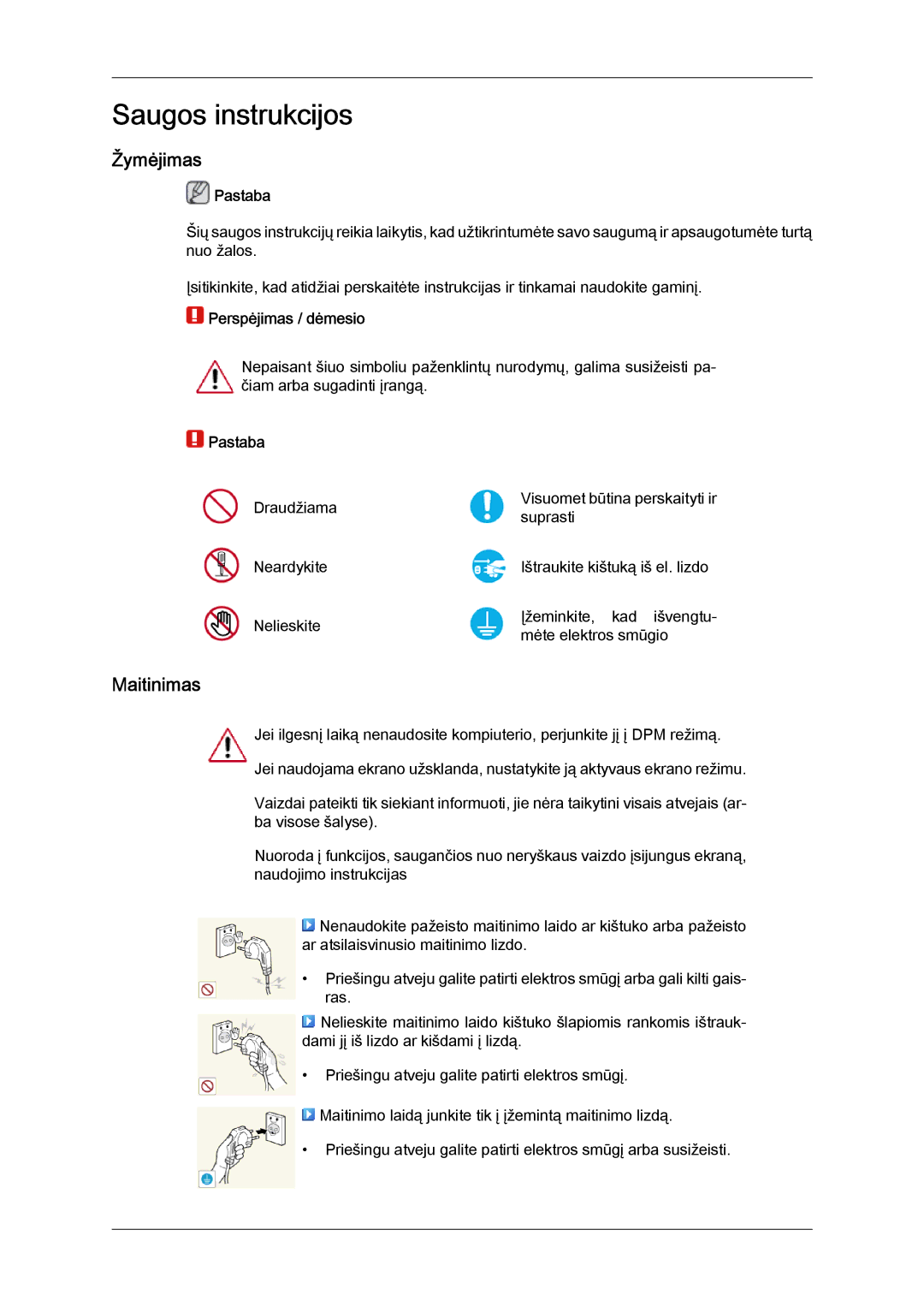 Samsung LH46GWPLBC/EN manual Žymėjimas, Maitinimas, Pastaba, Perspėjimas / dėmesio 