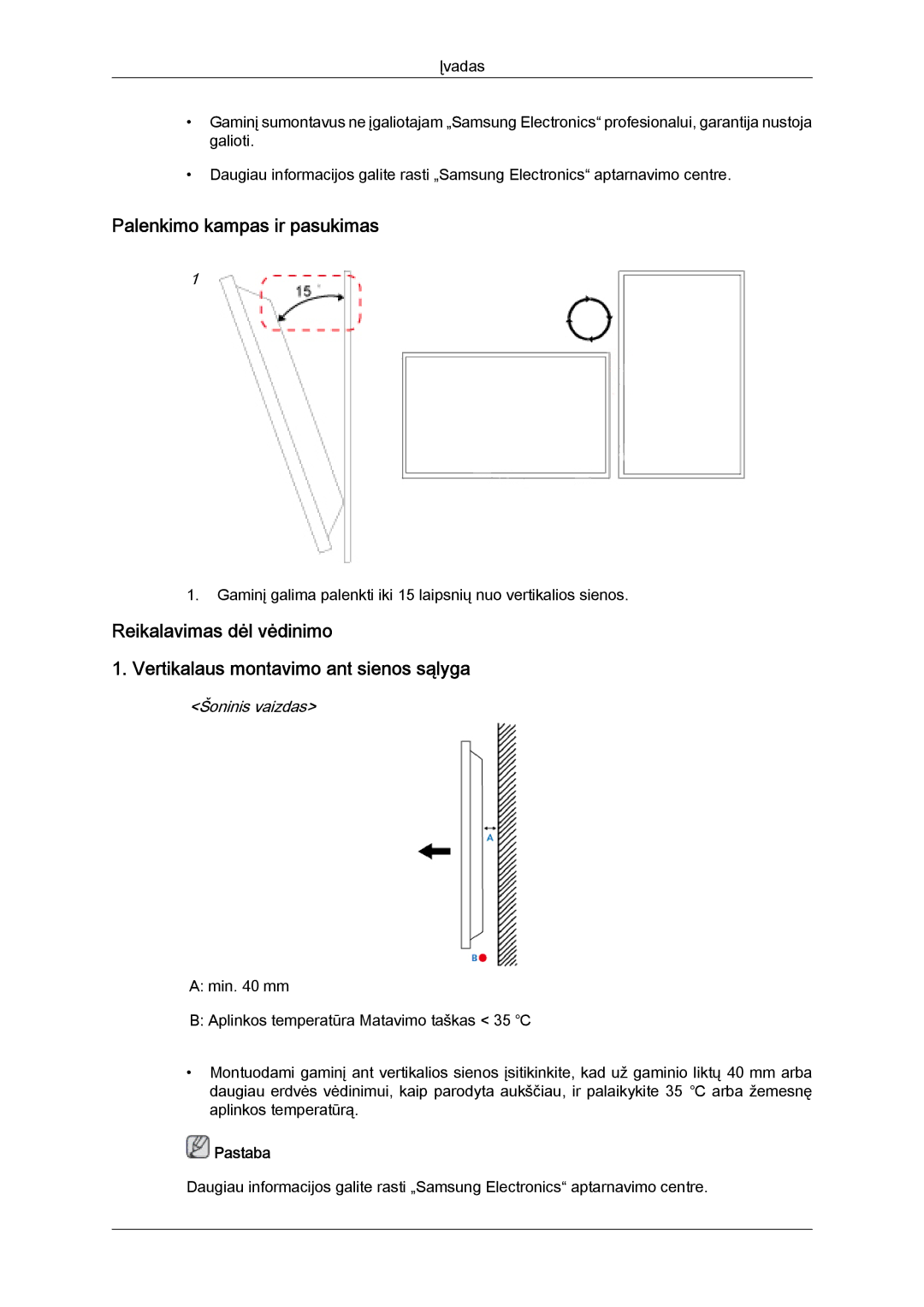 Samsung LH46GWPLBC/EN manual Palenkimo kampas ir pasukimas, Šoninis vaizdas 