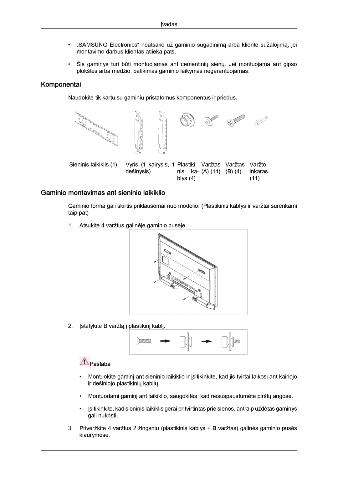 Samsung LH46GWPLBC/EN manual Komponentai, Gaminio montavimas ant sieninio laikiklio 