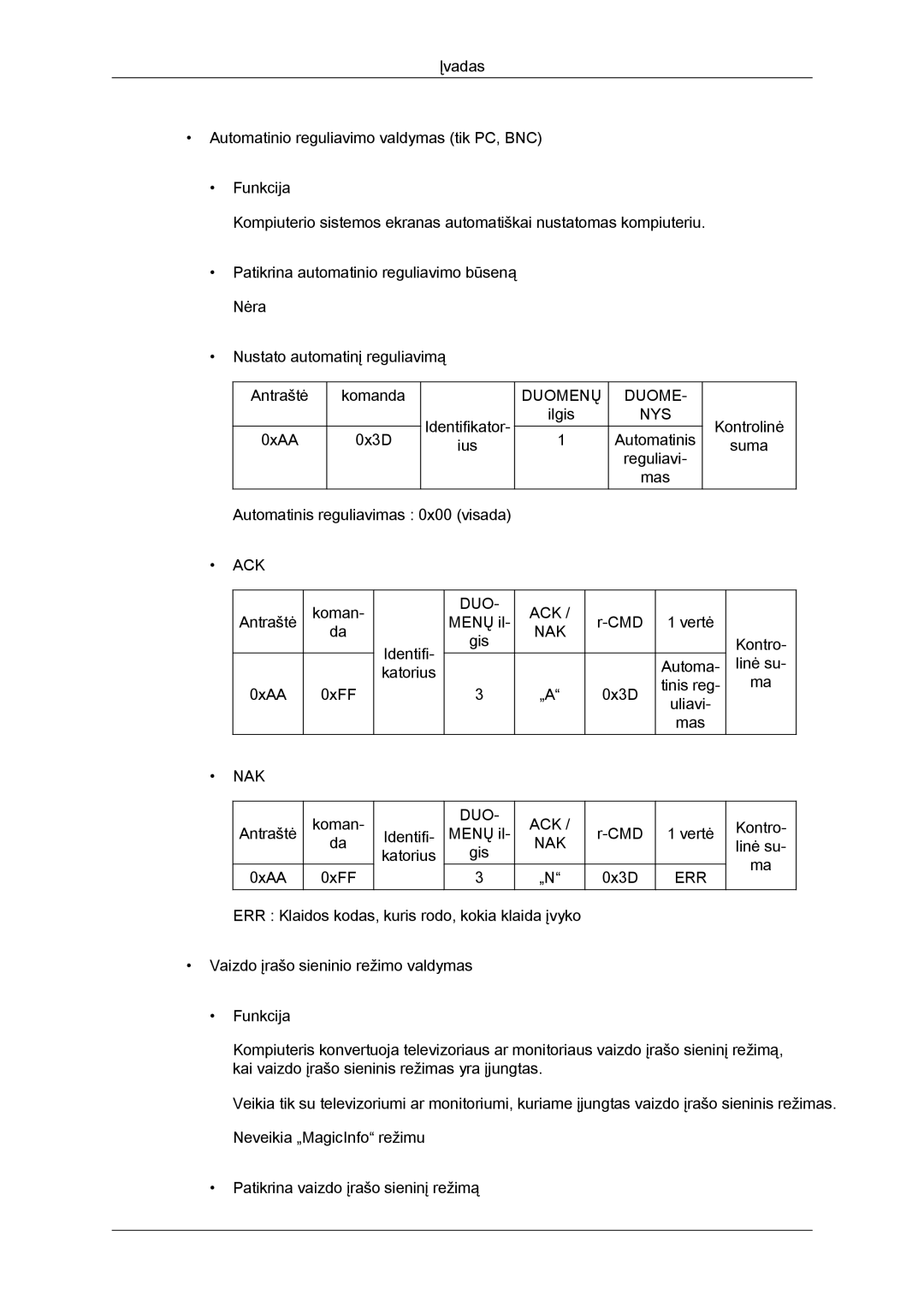 Samsung LH46GWPLBC/EN manual Antraštė Menų il CMD Vertė Gis 