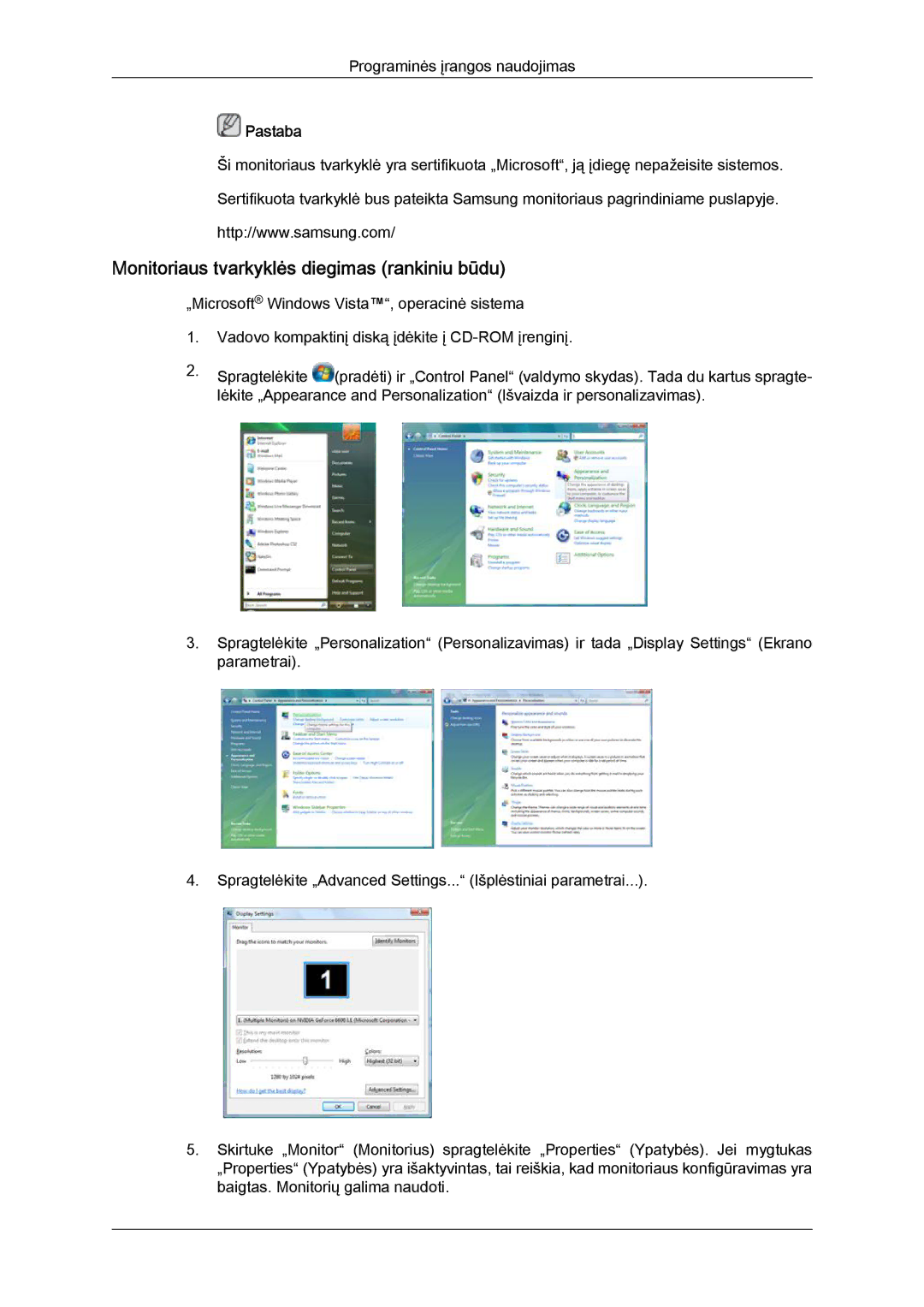 Samsung LH46GWPLBC/EN manual Monitoriaus tvarkyklės diegimas rankiniu būdu 