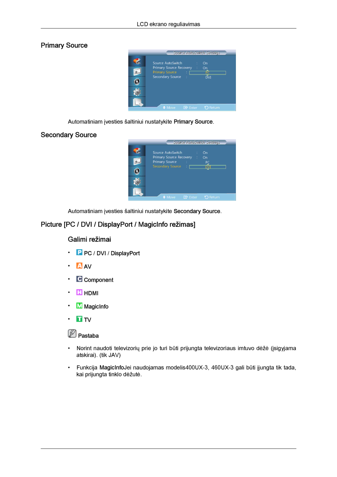 Samsung LH46GWPLBC/EN manual Primary Source, Secondary Source 