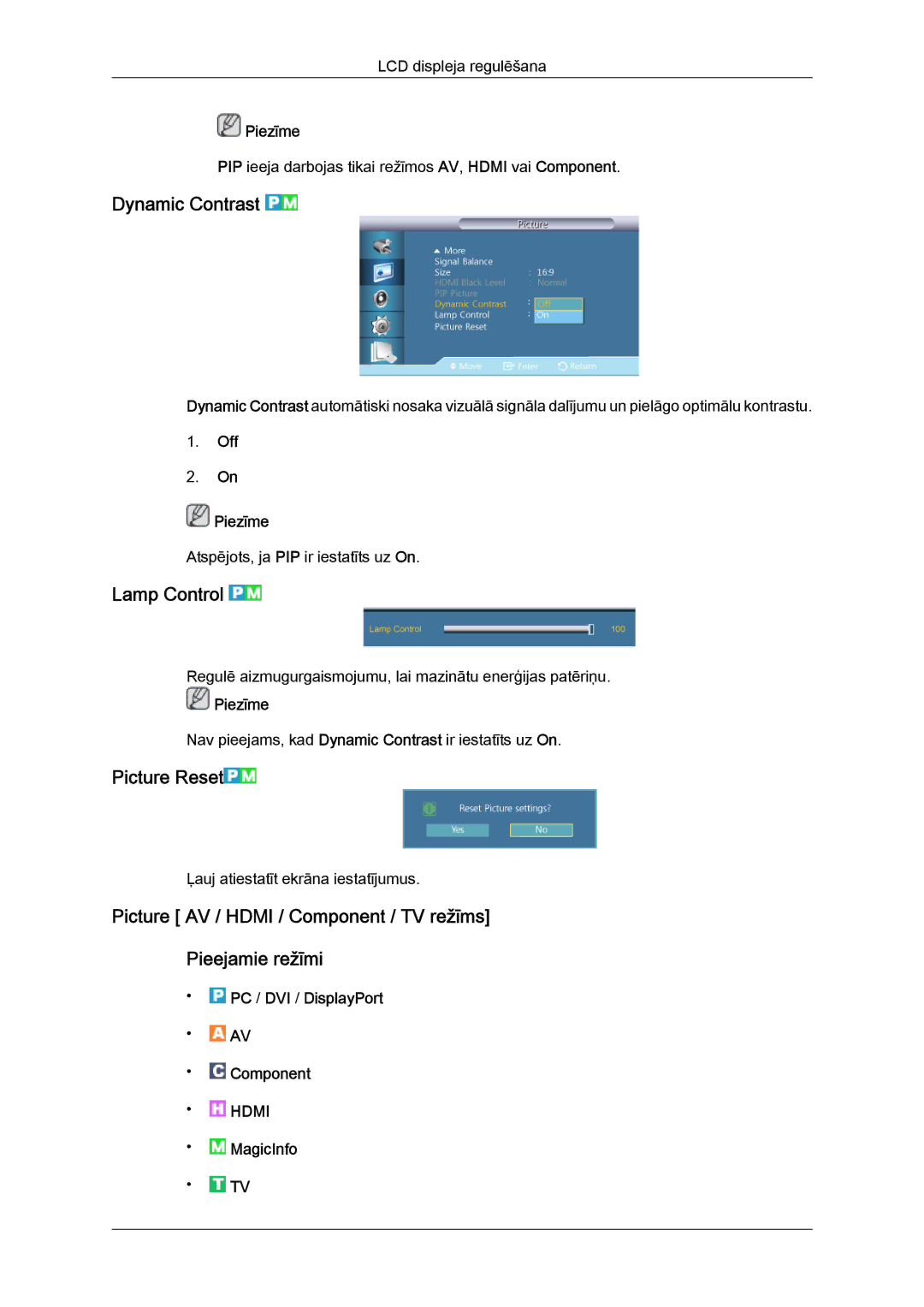 Samsung LH46GWPLBC/EN manual Dynamic Contrast, Lamp Control, Picture Reset 