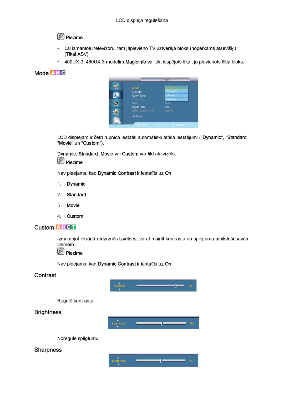 Samsung LH46GWPLBC/EN manual Contrast, Brightness, Sharpness, Dynamic Standard Movie Custom 