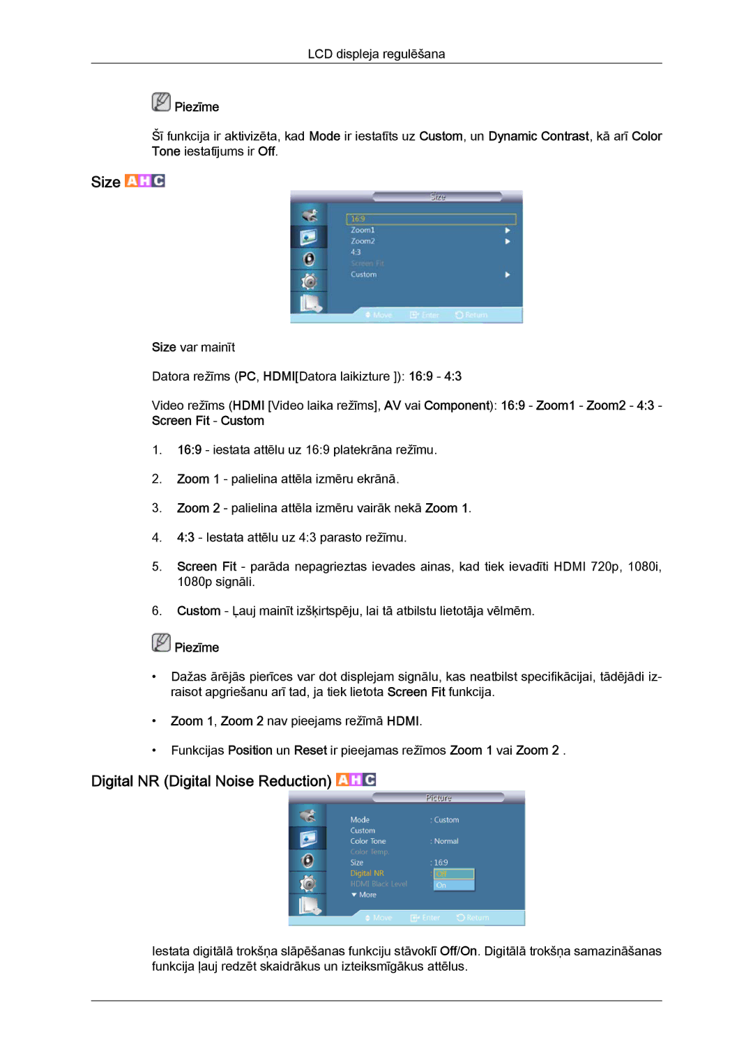 Samsung LH46GWPLBC/EN manual Size, Digital NR Digital Noise Reduction 