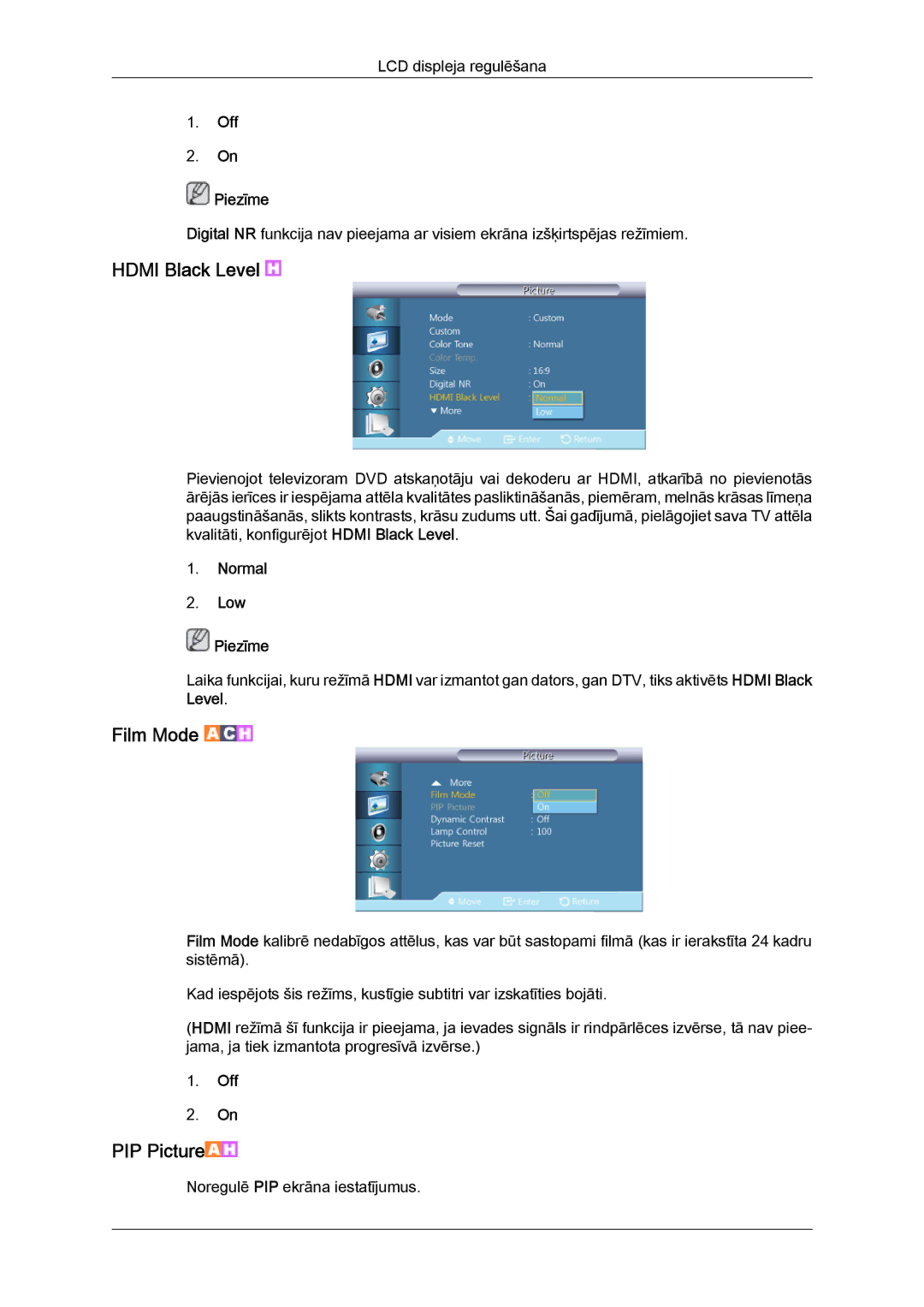 Samsung LH46GWPLBC/EN manual Hdmi Black Level, Film Mode, Normal Low Piezīme 