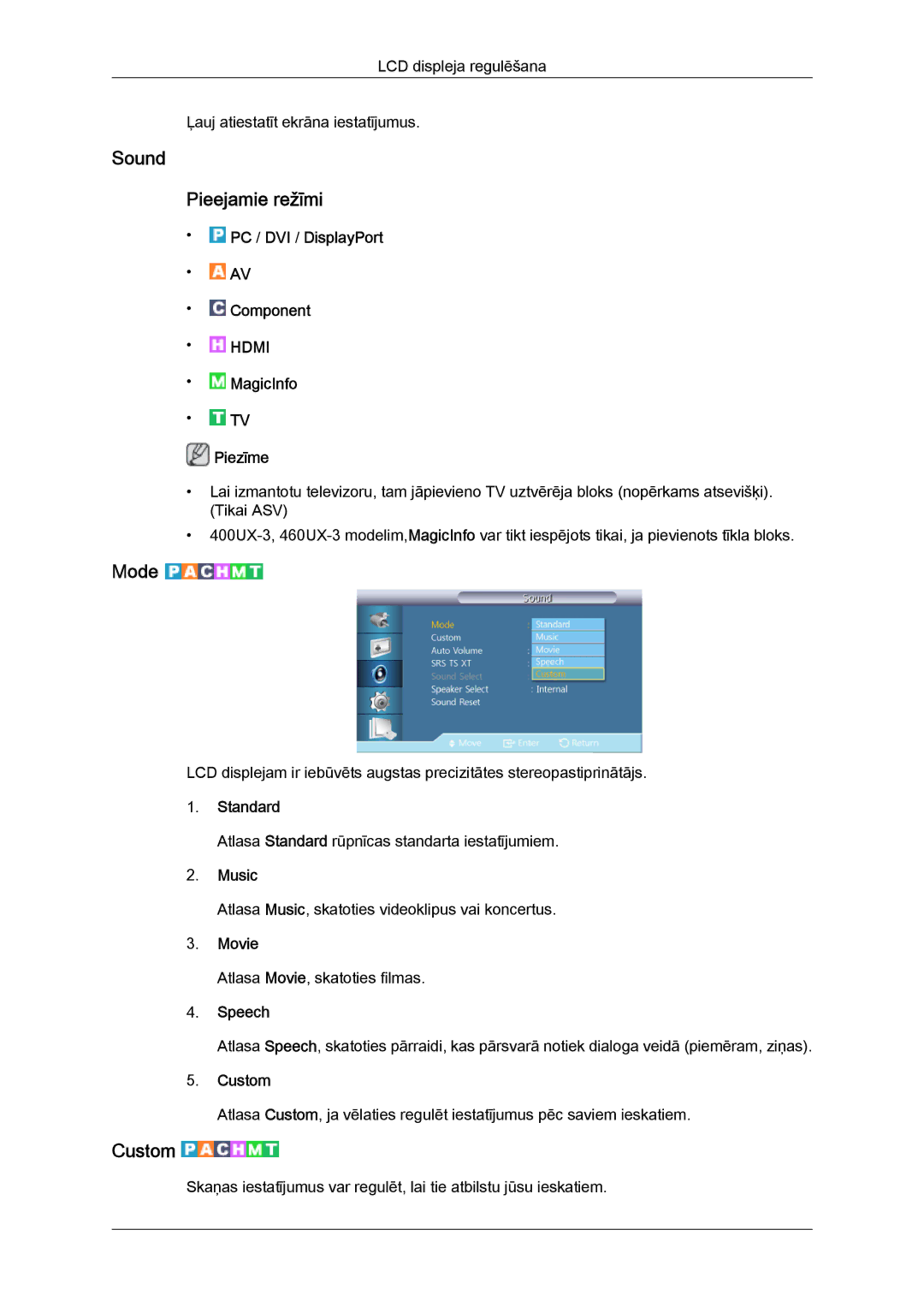 Samsung LH46GWPLBC/EN manual Sound Pieejamie režīmi, Music, Speech 