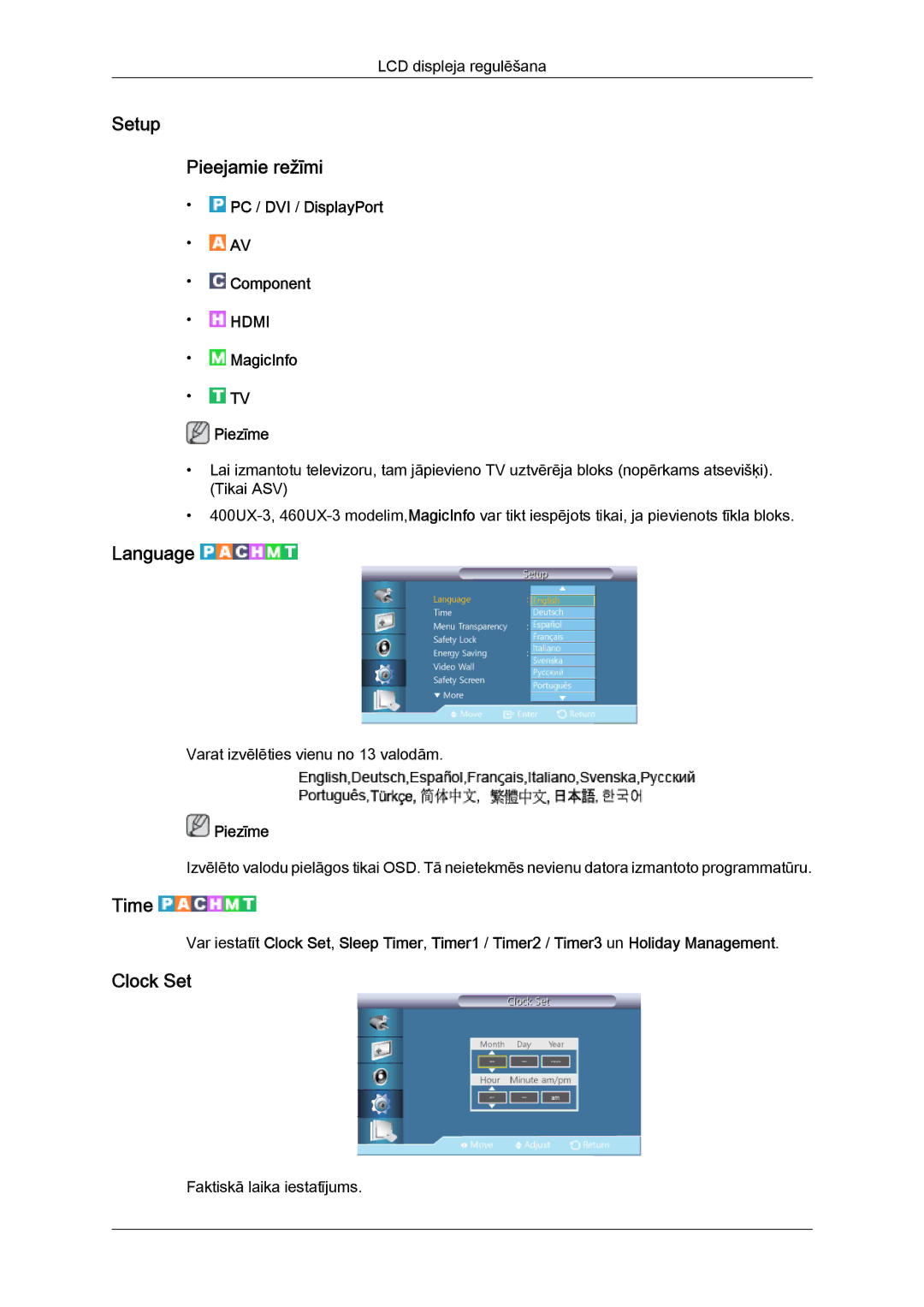 Samsung LH46GWPLBC/EN manual Setup Pieejamie režīmi, Language, Time, Clock Set 