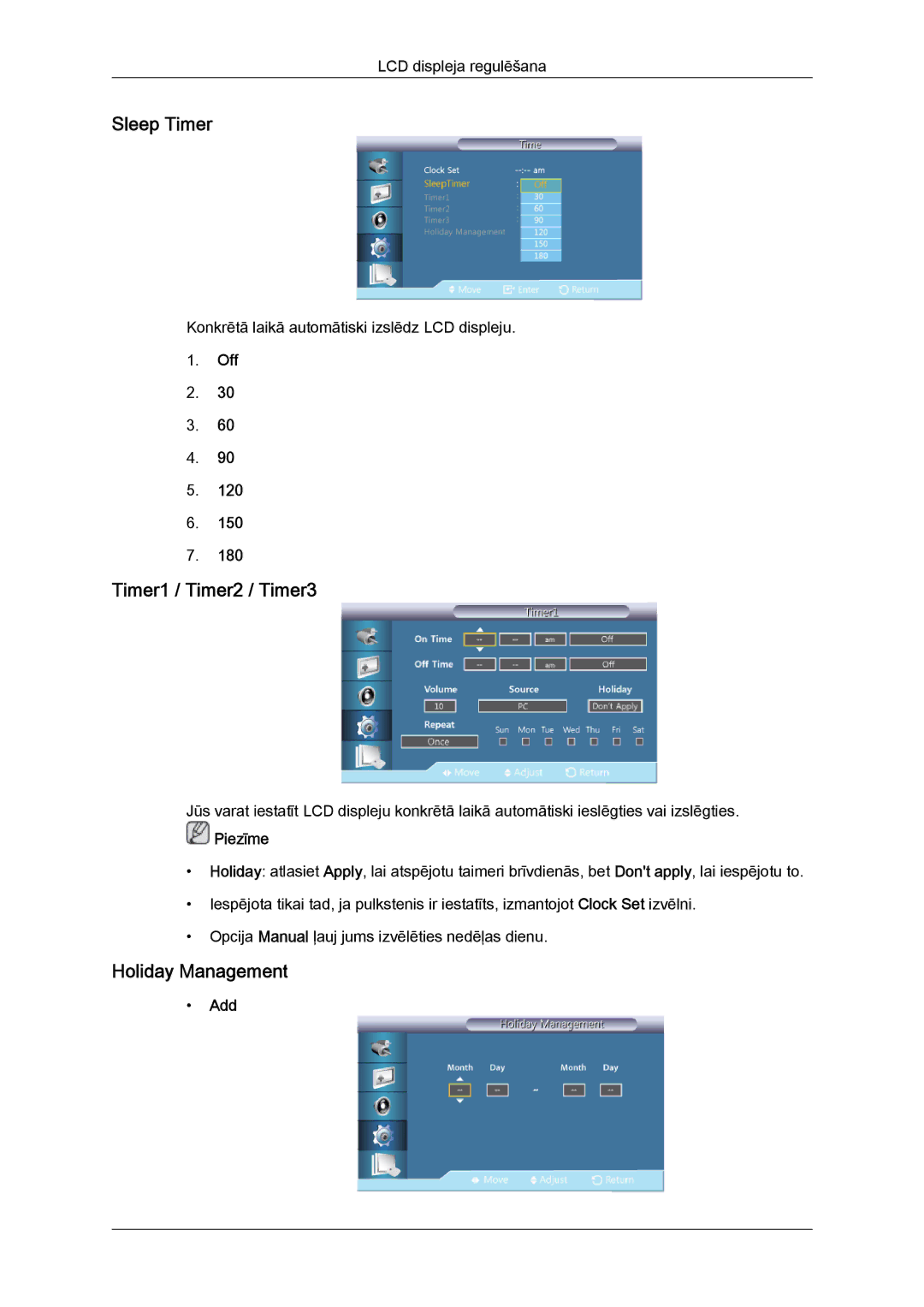 Samsung LH46GWPLBC/EN manual Sleep Timer, Timer1 / Timer2 / Timer3, Holiday Management, Add 