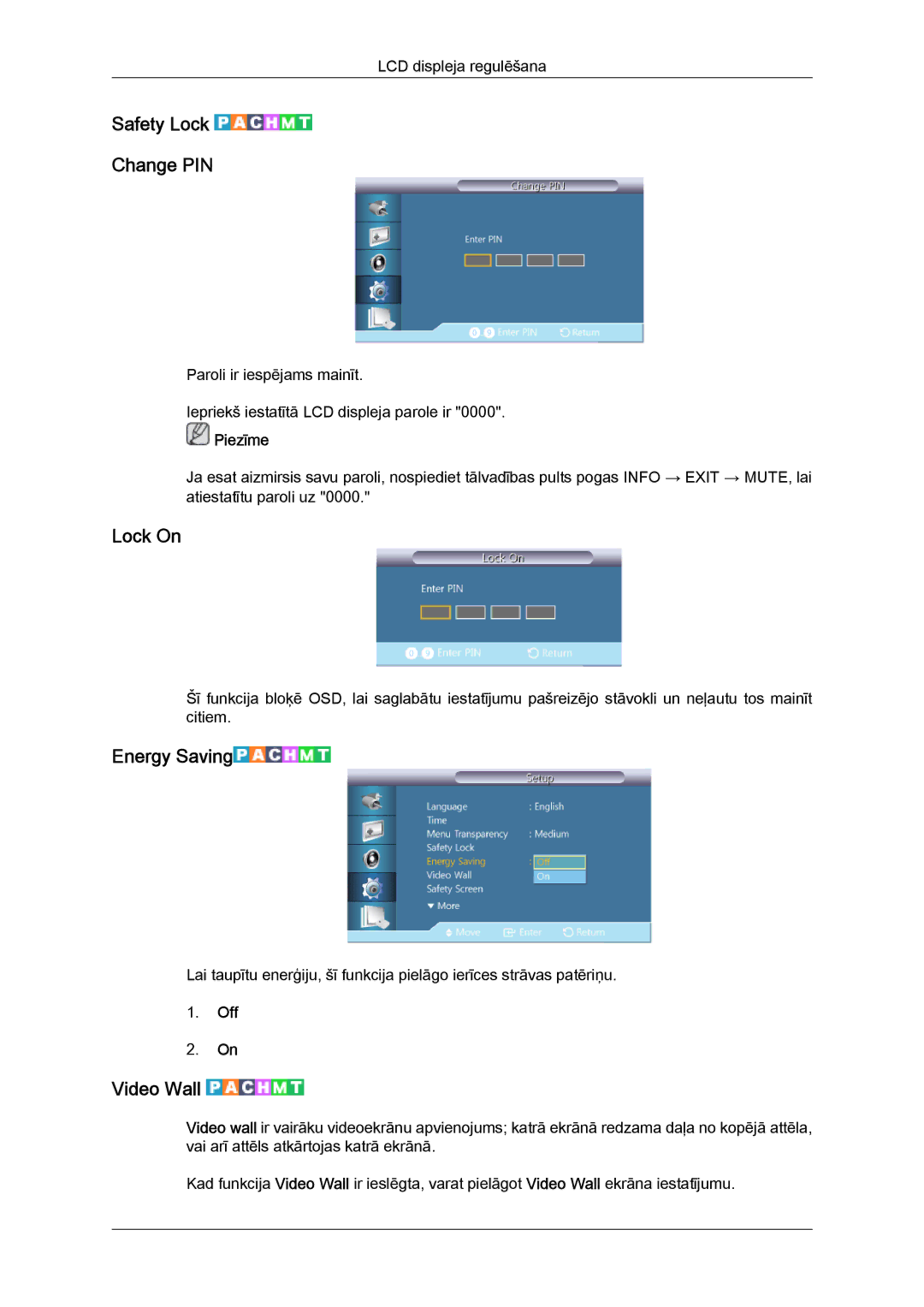 Samsung LH46GWPLBC/EN manual Safety Lock Change PIN, Lock On, Energy Saving, Video Wall 