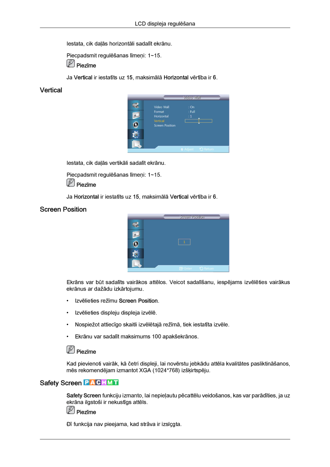 Samsung LH46GWPLBC/EN manual Vertical, Screen Position, Safety Screen 