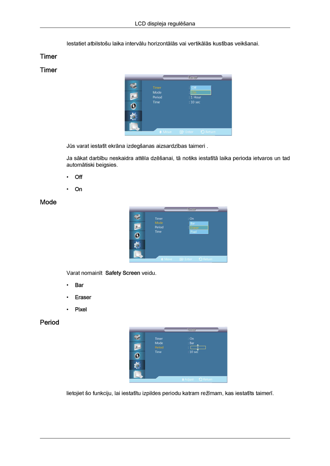 Samsung LH46GWPLBC/EN manual Timer, Period, Bar Eraser Pixel 
