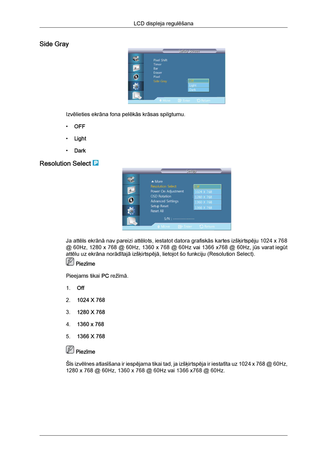 Samsung LH46GWPLBC/EN manual Side Gray, Resolution Select, Light Dark, Off 1024 X 1280 X 1360 x 1366 X Piezīme 