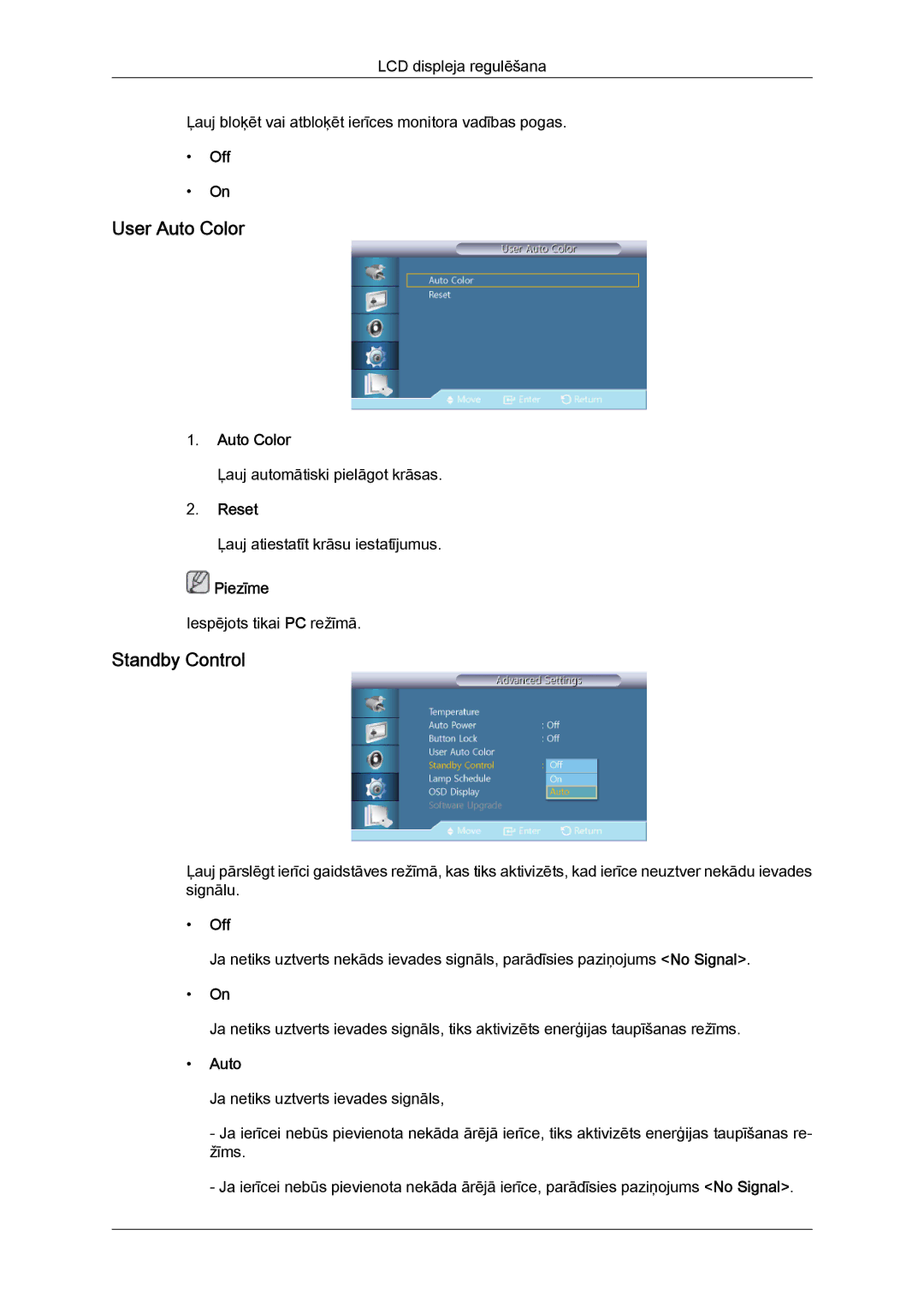 Samsung LH46GWPLBC/EN manual User Auto Color, Standby Control, Reset 