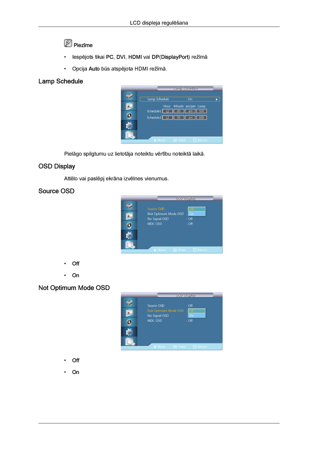 Samsung LH46GWPLBC/EN manual Lamp Schedule, OSD Display, Source OSD, Not Optimum Mode OSD 