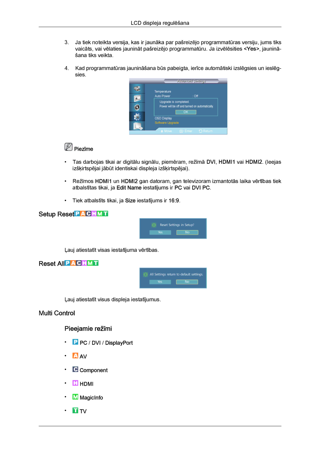 Samsung LH46GWPLBC/EN manual Setup Reset, Reset All, Multi Control Pieejamie režīmi 