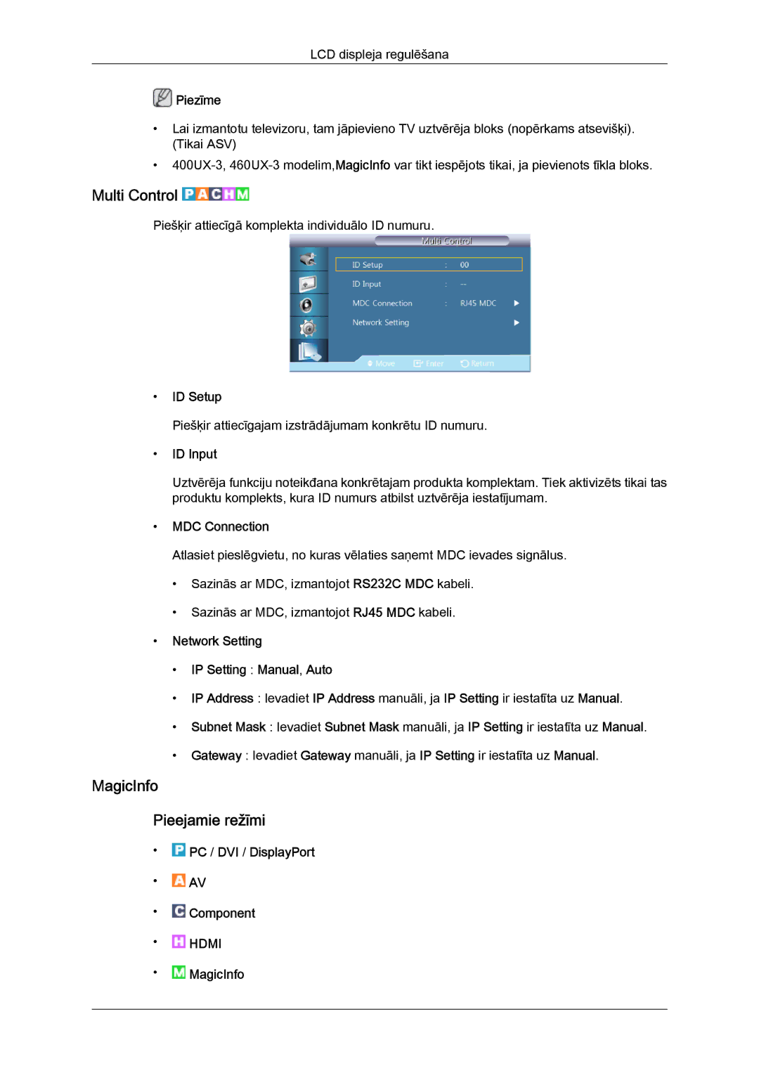 Samsung LH46GWPLBC/EN manual Multi Control, MagicInfo Pieejamie režīmi 