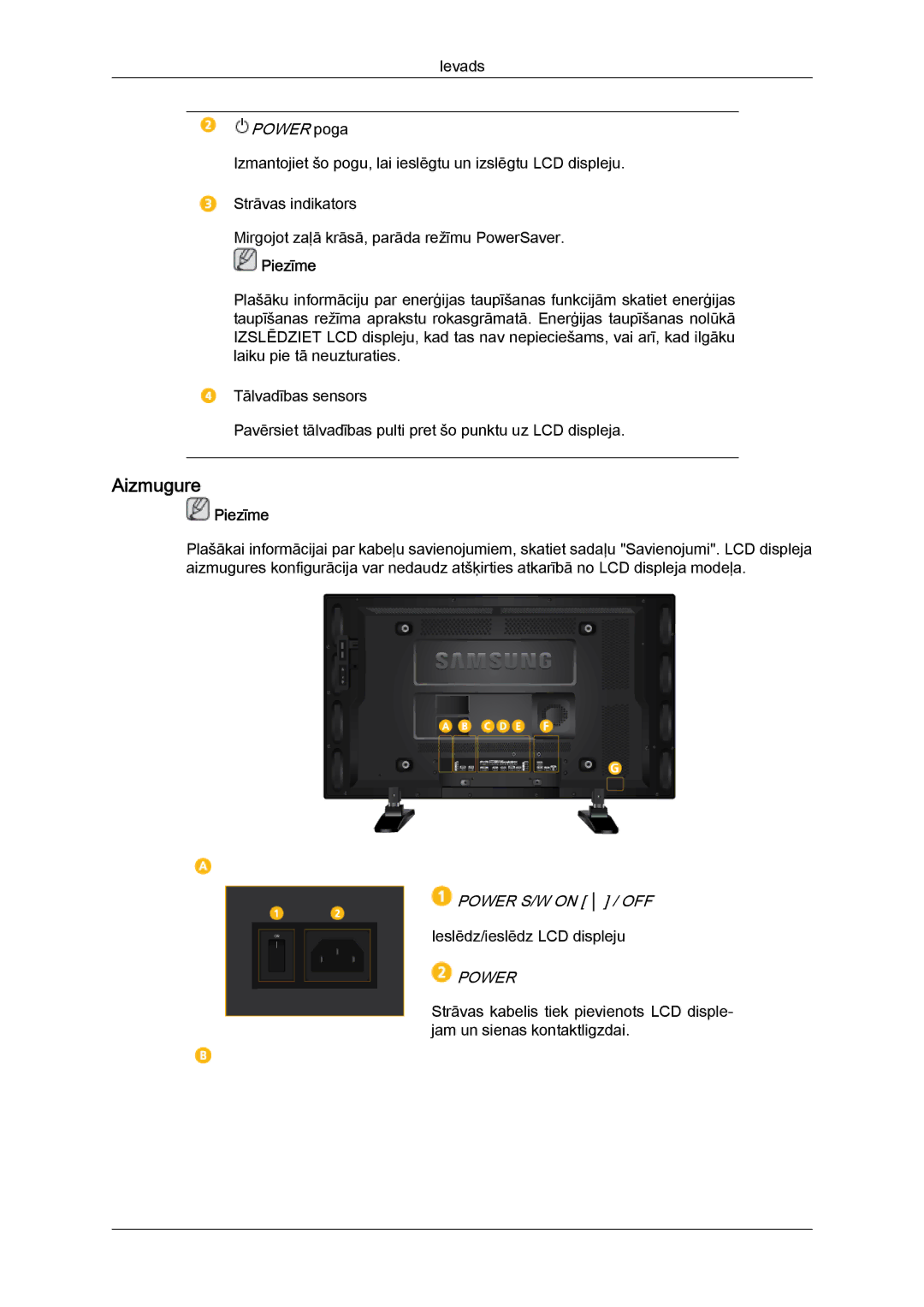 Samsung LH46GWPLBC/EN manual Aizmugure, Power poga 