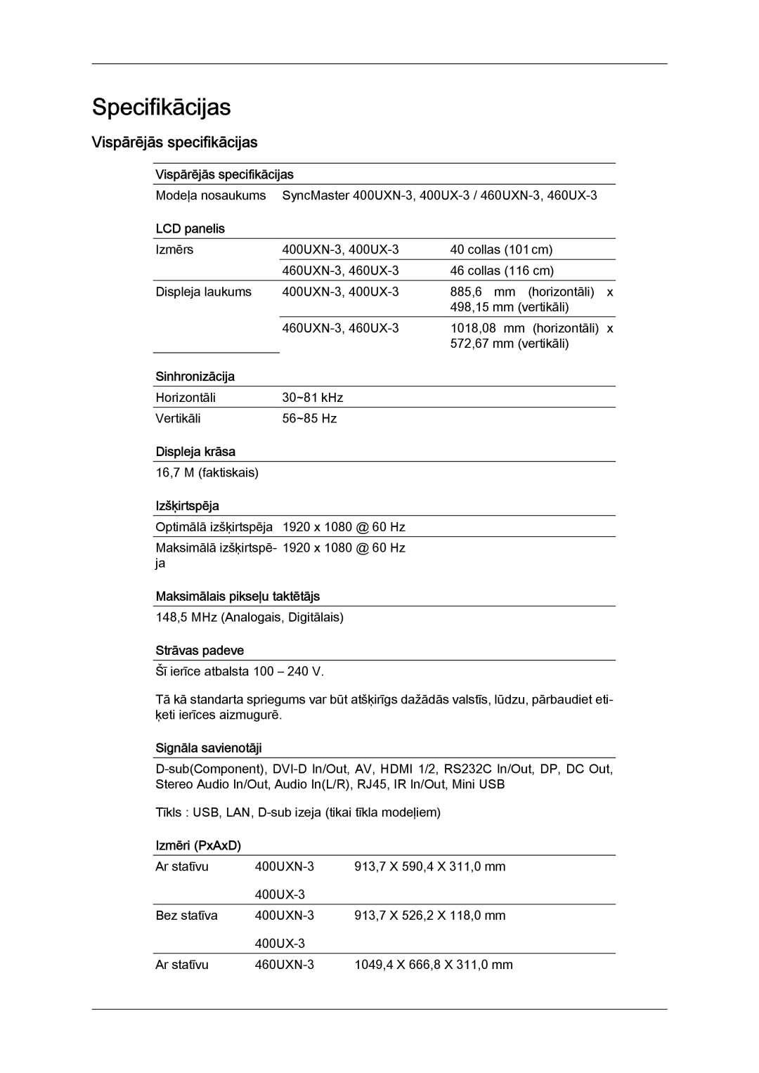 Samsung LH46GWPLBC/EN manual Vispārējās specifikācijas 