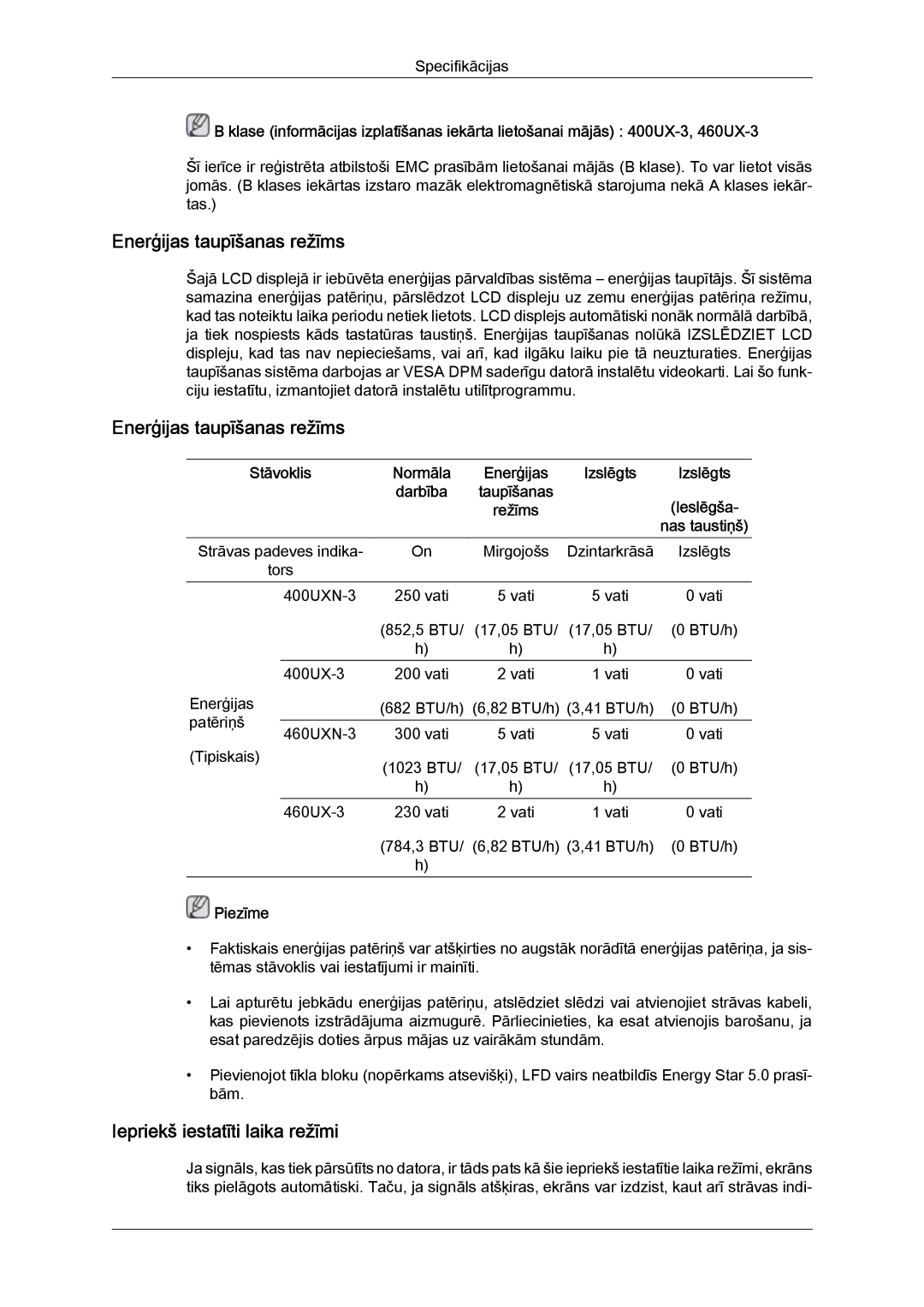 Samsung LH46GWPLBC/EN manual Enerģijas taupīšanas režīms, Iepriekš iestatīti laika režīmi 