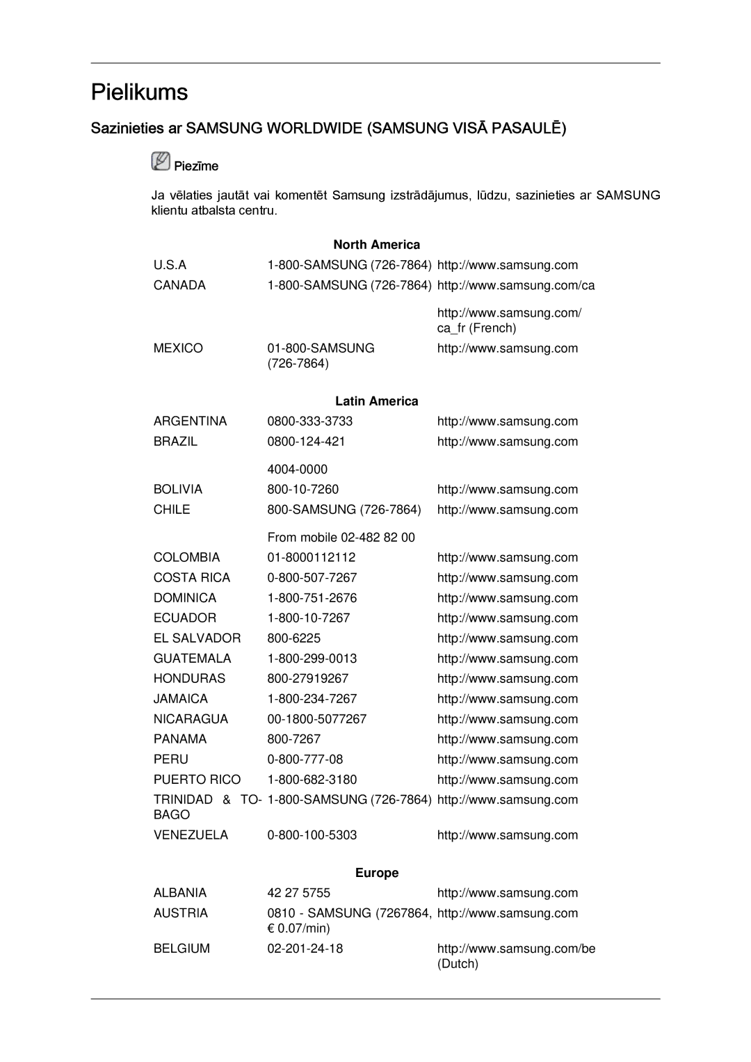 Samsung LH46GWPLBC/EN manual Sazinieties ar Samsung Worldwide Samsung Visā Pasaulē, North America, Latin America, Europe 